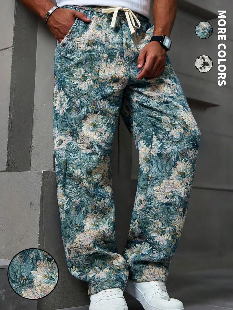 Men's Floral Print Drawstring Waist Straight Leg Pants, Casual Comfy Pocket Trousers for Daily Wear, Pants for Men, Fashion Men's Bottoms for All Seasons