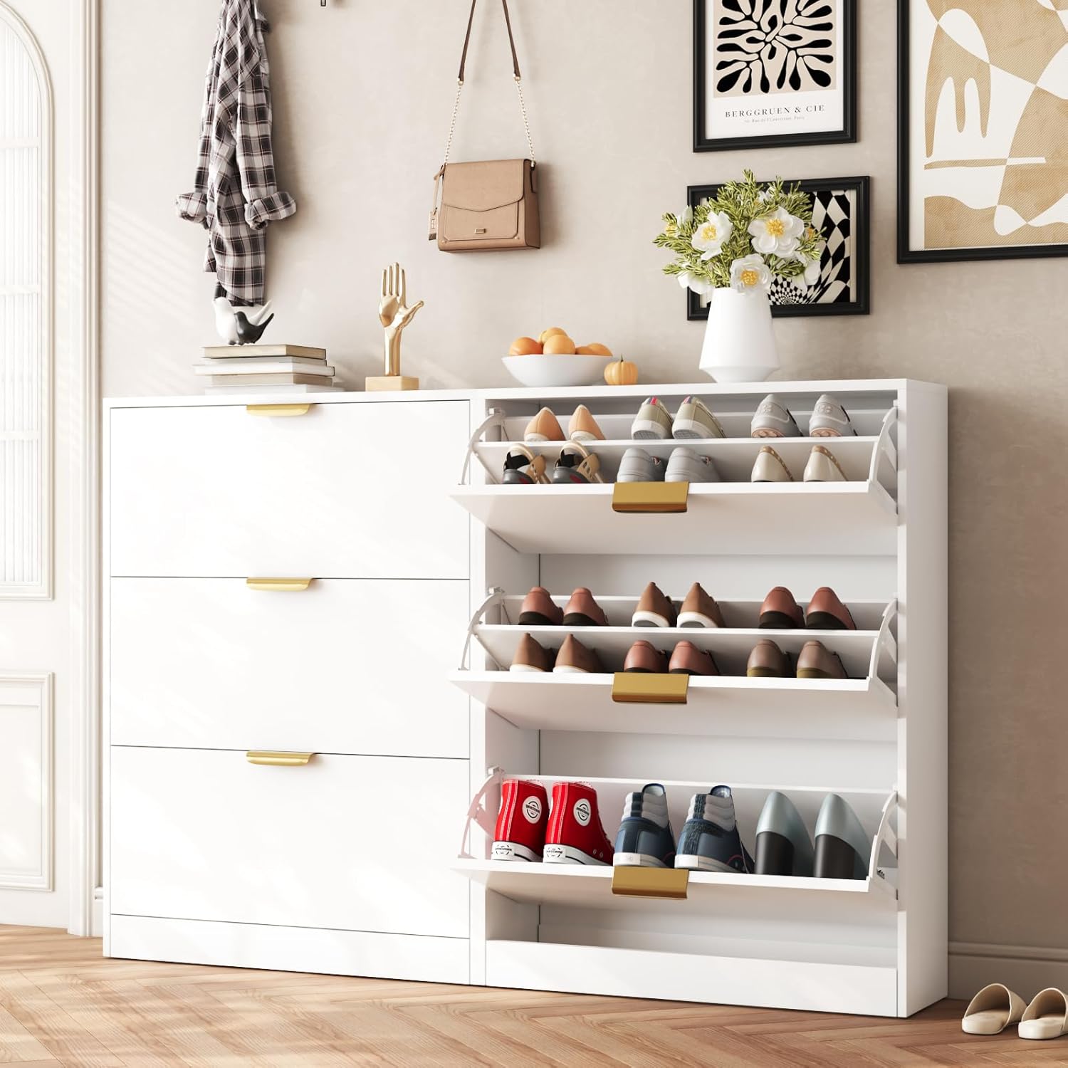 VOWNER Shoe Rack Cabinet with 3 Flip Drawers, Narrow Shoe Storage Cabinet with Adjustable Shelf, Freestanding Shoe Organizer for Entryway, Hallway, White