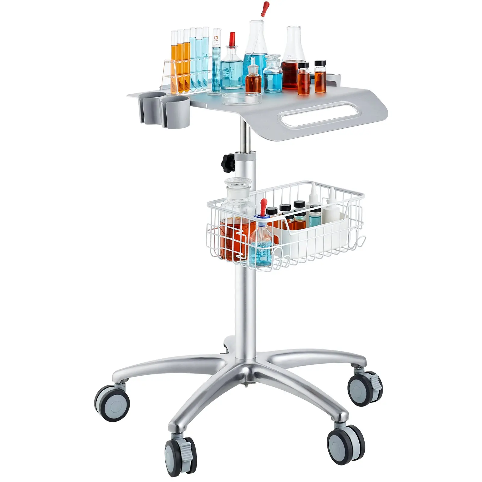 VEVOR Metal Frame Mobile Medical Cart with Wheels, 26.77"-42.91" Height Adjustable Rolling Trolley for Hair Stylists, Salon Clinic Tool Storage Station