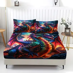 Dragon Bedding Set 3 Pcs Queen Size Colorful Dragon Bed Set Bedroom Decor Rainbow Dragon Scales Fitted Sheet Soft Dragon Bed Cover(1 Fitted Sheet+2 Pillow Cases) No Flat Sheet