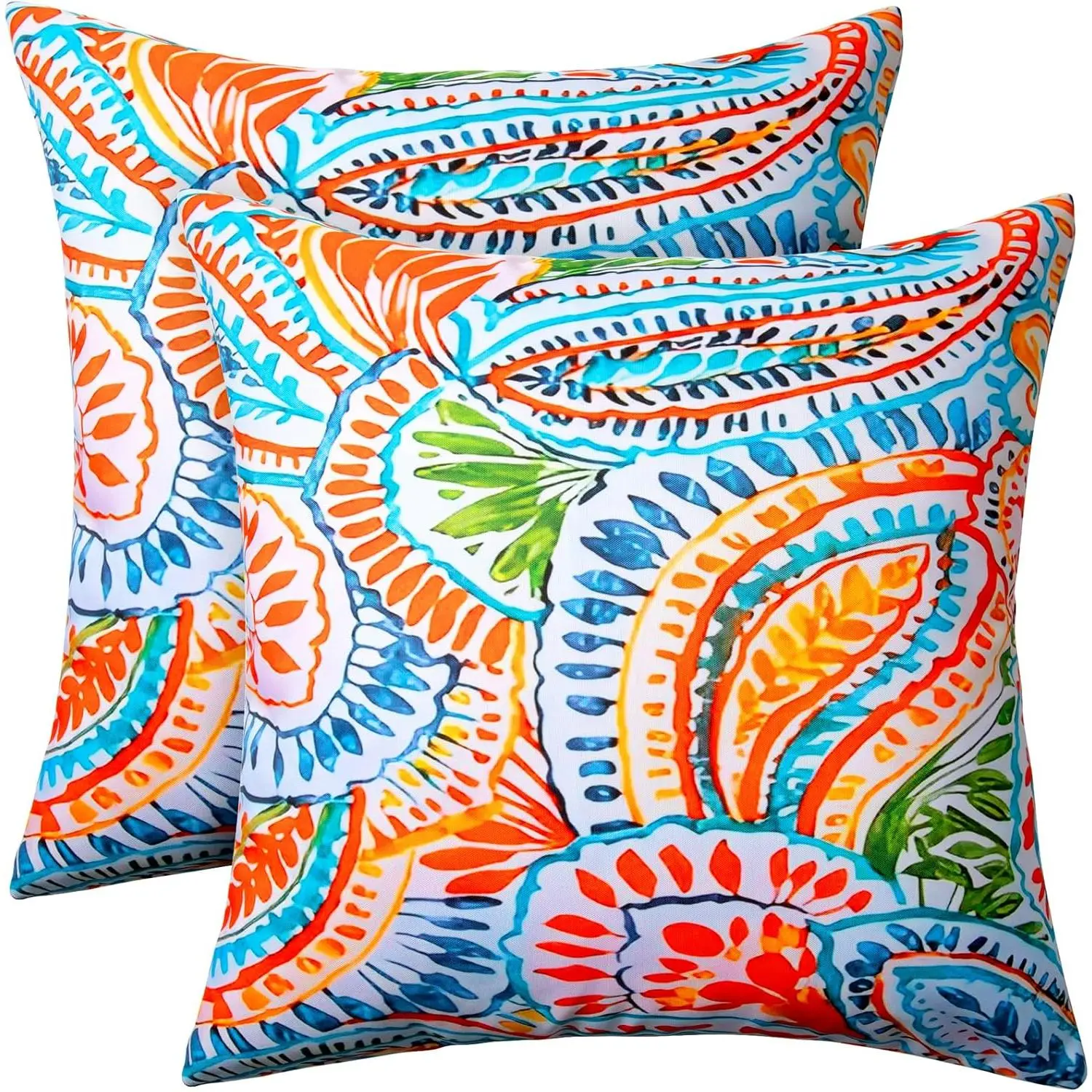 Outdoor Pillows, Set of 2 18x18 Inch Water Resistant Outdoor Throw Pillows with Inners, Paisley  Decorative Cushions for Patio Furniture, Garden Couch, Sofa(Paisley Multi Orange)