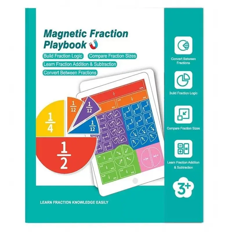 Magnetic Fraction Educational Puzzle – Fraction Manipulatives with Tiles & Circles, Montessori Magnetic Fraction Book for Elementary School, Visual Learning for Fractions Games, Math Teaching Aid, Math Learning Tools