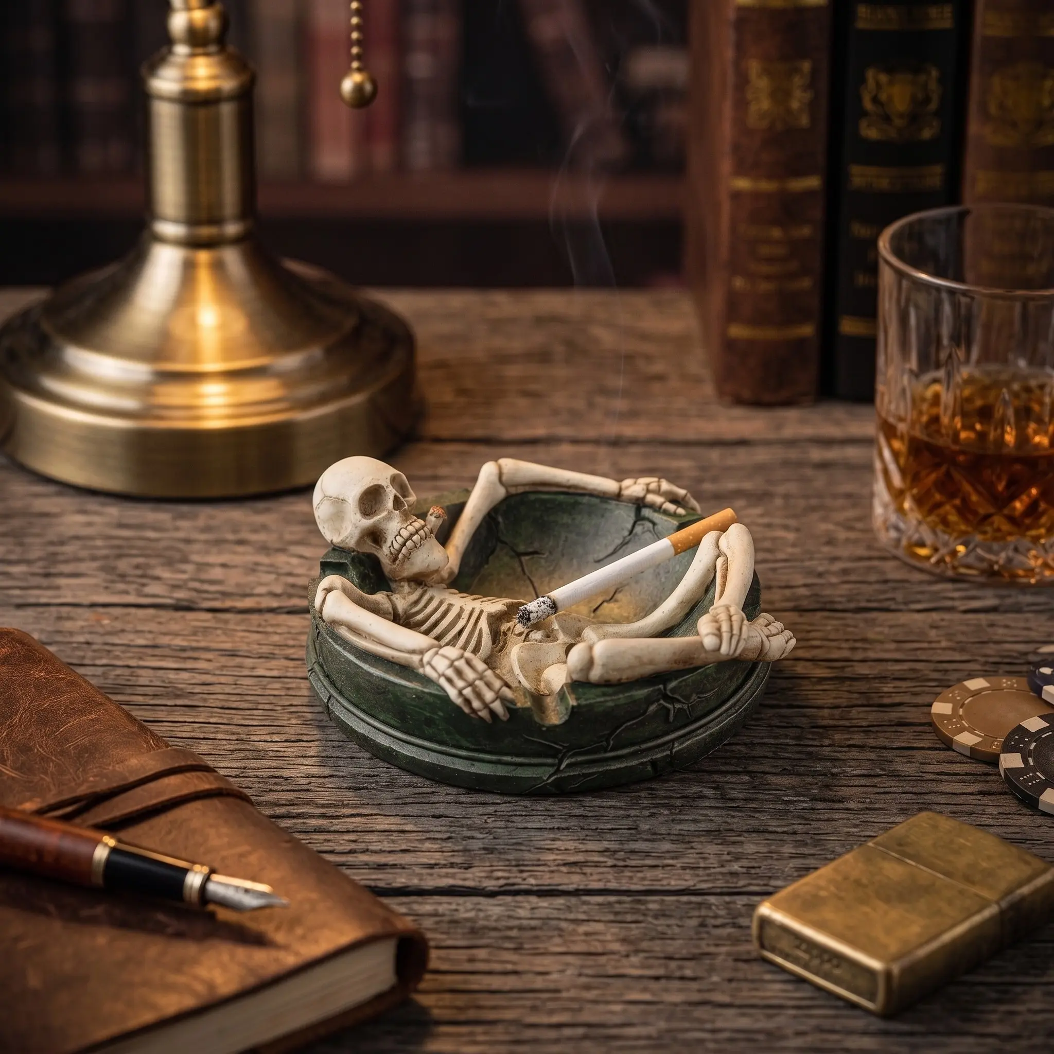 Funny Skeleton Ashtray for Man Cave, Retro Style Desk Accessory, Relaxed Smoking Gift, Unique Bone Craft Decoration for Men