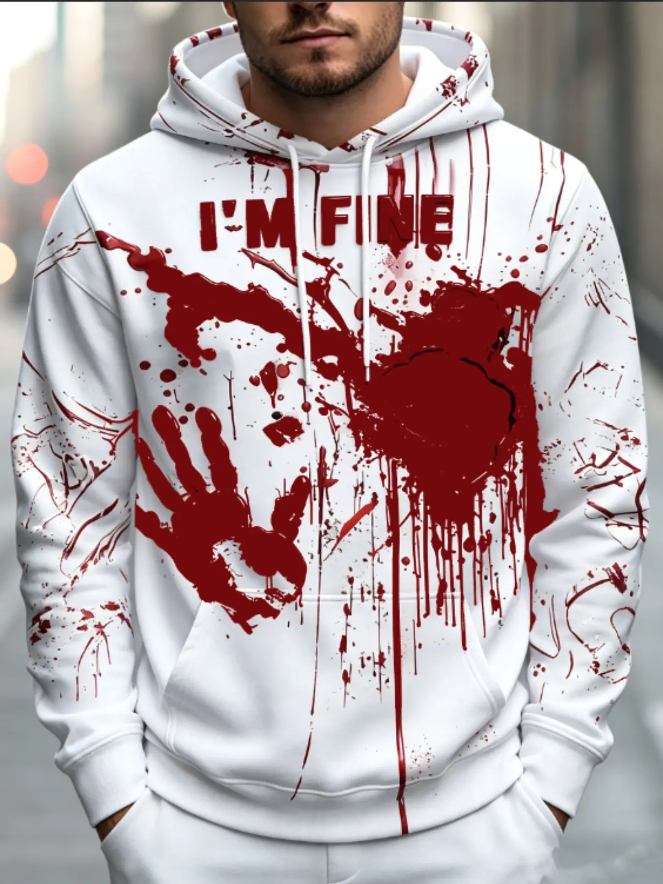 Men's Drawstring Pullover Hoodie Sublimation Fabric White Base Full Coverage Splattered Blood Stain Vertical Drip Print Graphic Sweatshirt Long Casual Fit Horror Streetwear Halloween Party Cosplay Daily Outdoor Top