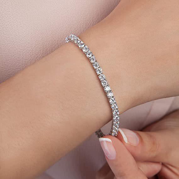 Elegant 4-Prong Moissanite Tennis Bracelet | Dainty Single Row Lab Created Diamond Bangle | Simple Luxury Sterling Silver Jewelry