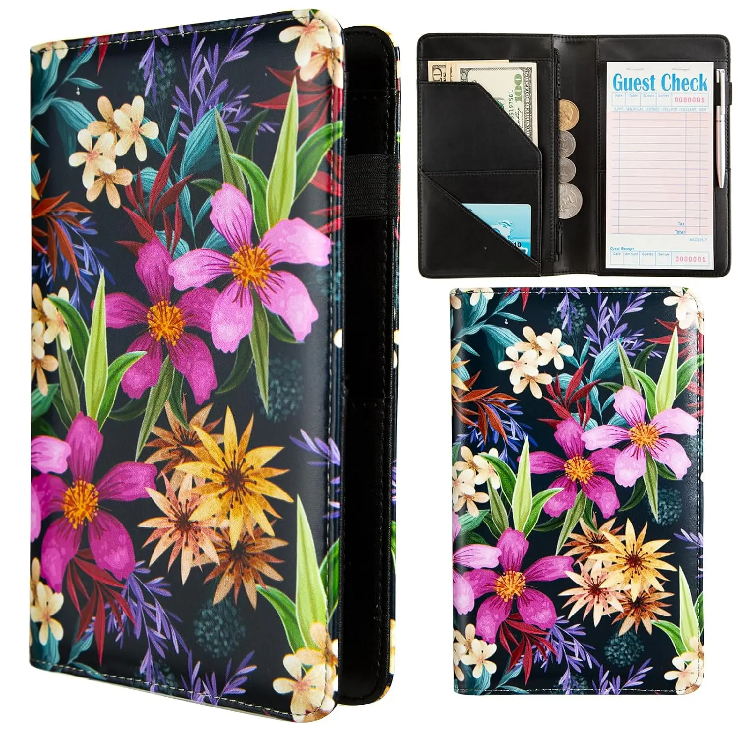 Cute Server Book for Waitress,Restaurant Waiter Wallet Server Booklet Ticket Book Holder Fit Server Apron with Zipper Pocket Accessories Server Check Book (Tropical Flower)