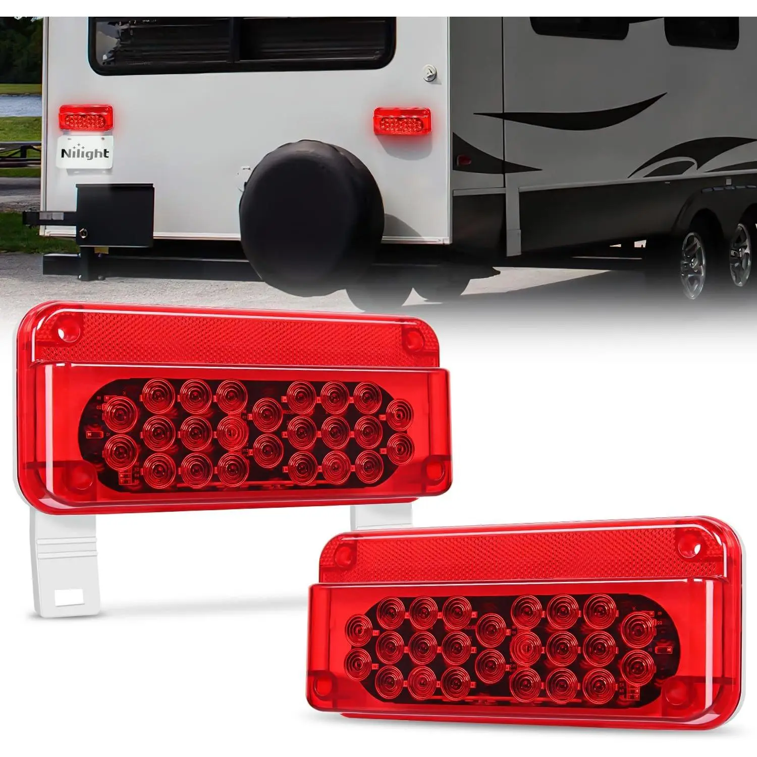 Nilight 2PCS LED Trailer Light Set Pair, 54-LEDs Total Waterproof Surface-Mount RV Lights with PC Lens, White License Plate, Red Running, Stop Turn Sig & Brake for Camper Van, Easy Mounting