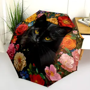 1 PC Automatic Folding Umbrella - Black Cat Floral Background Pattern, Portable & Foldable Design with 8 Ribs, Merry Christmas Pattern,Casual Outdoor Accessory Halloween and Christmas Birthday Gifts. E0028