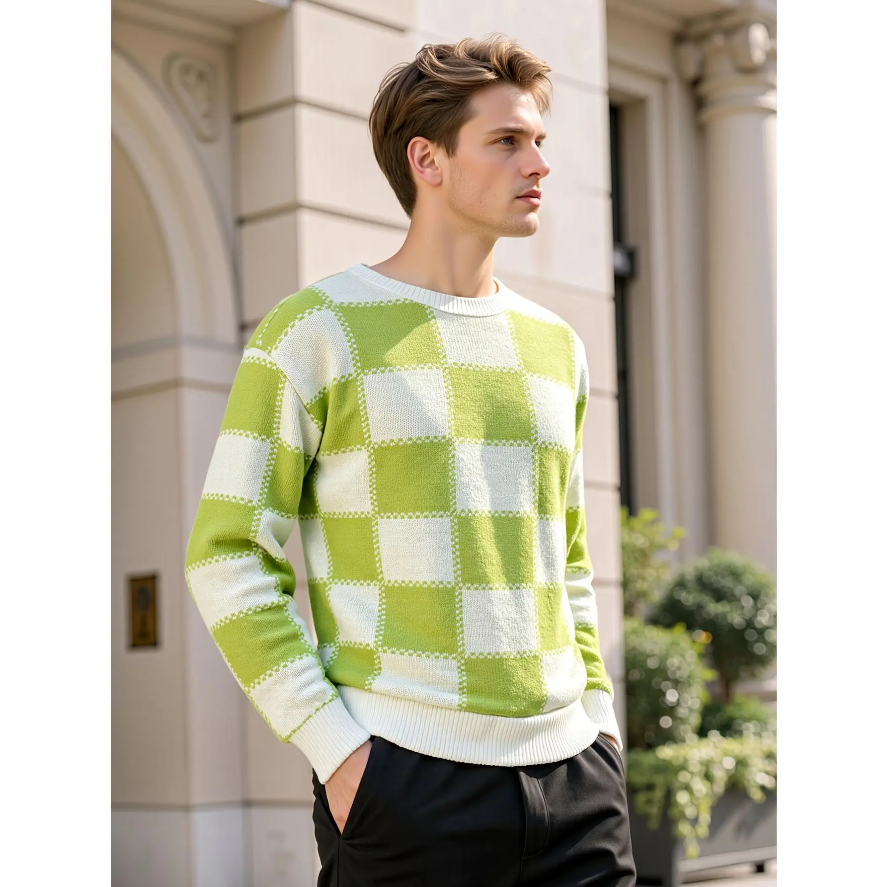 Men's Plaid Knit Crew Neck Pullover, 4 Color Options (Blue, Green, Black, Gray), Soft Versatile Daily Top for Autumn & Winter