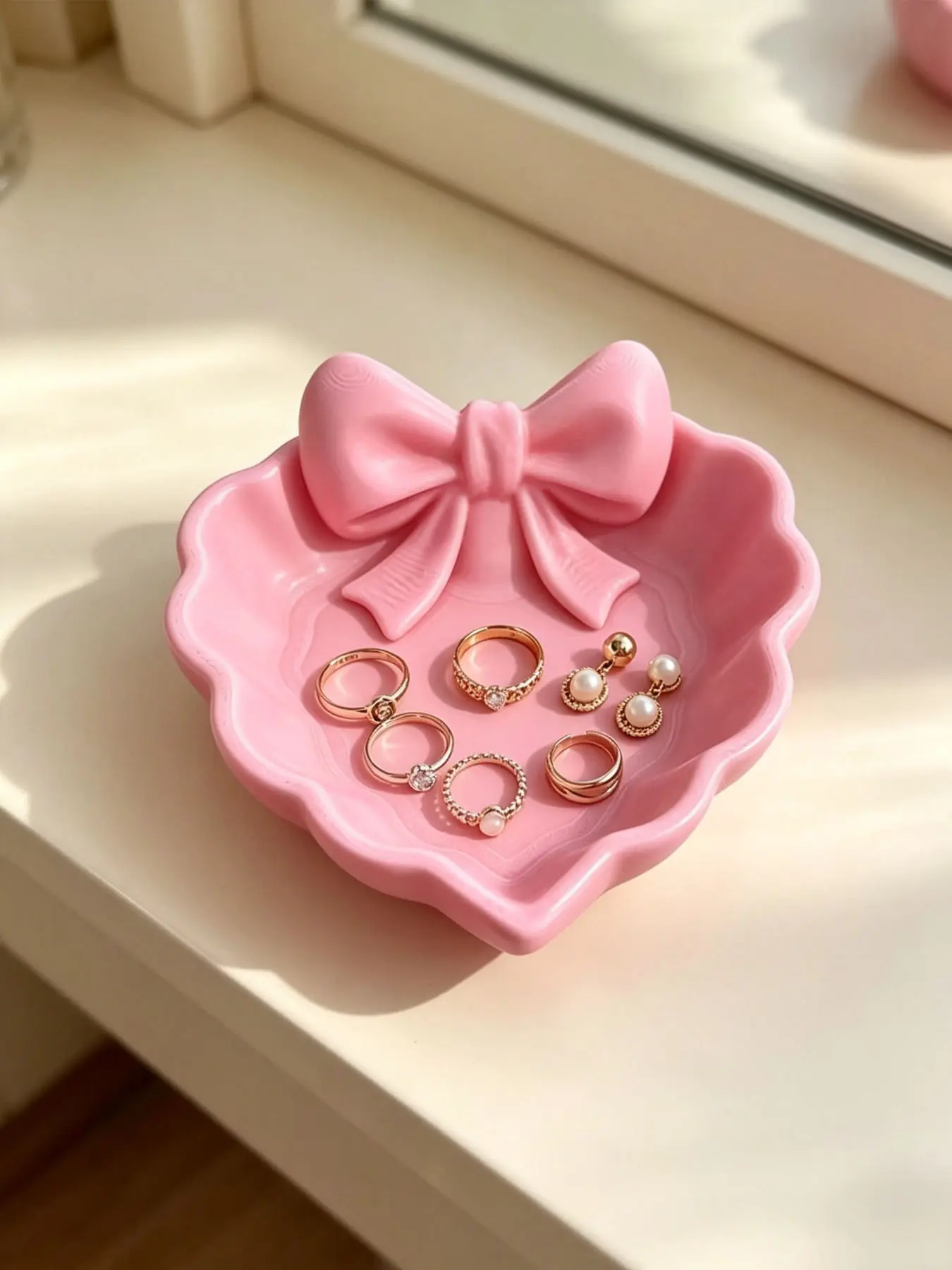 1pc Heart-Shaped Tray With Bow Jewelry Box, Pink Bow Style, Durable Plastic Material, Suitable for Storing Jewelry, Gems, Rings, Etc., Ideal for Dressing Table, Desk, Bedside Table, Desktop Decoration, Jewelry Trays