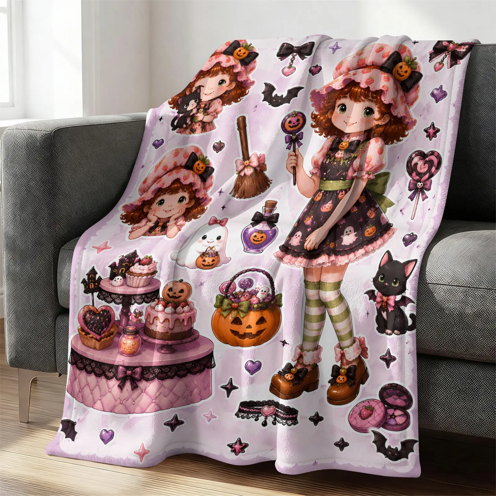 Cute Halloween Sticker Collage Throw Blanket, Light Lavender Purple Cartoon Witch Girl Dessert Cake Pumpkin Black Cat Ghost Print Flannel Blanket, Soft Cozy Warm Blanket for Sofa Couch Bedroom Dorm Decor