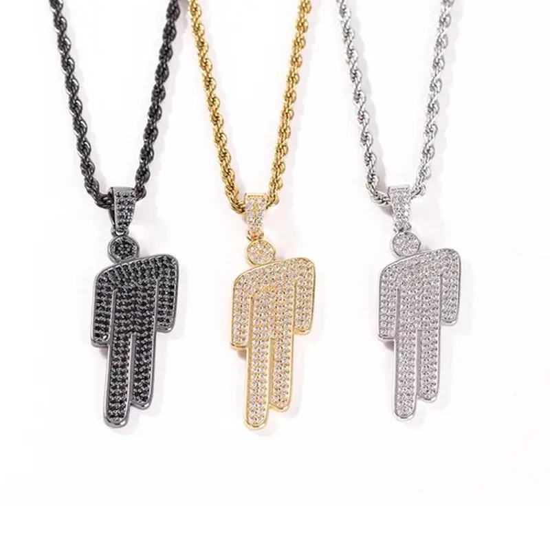Billie Cartoon fashion light luxury tilted head little person zircon pendant necklace for men's hip-hop   collarbone chain