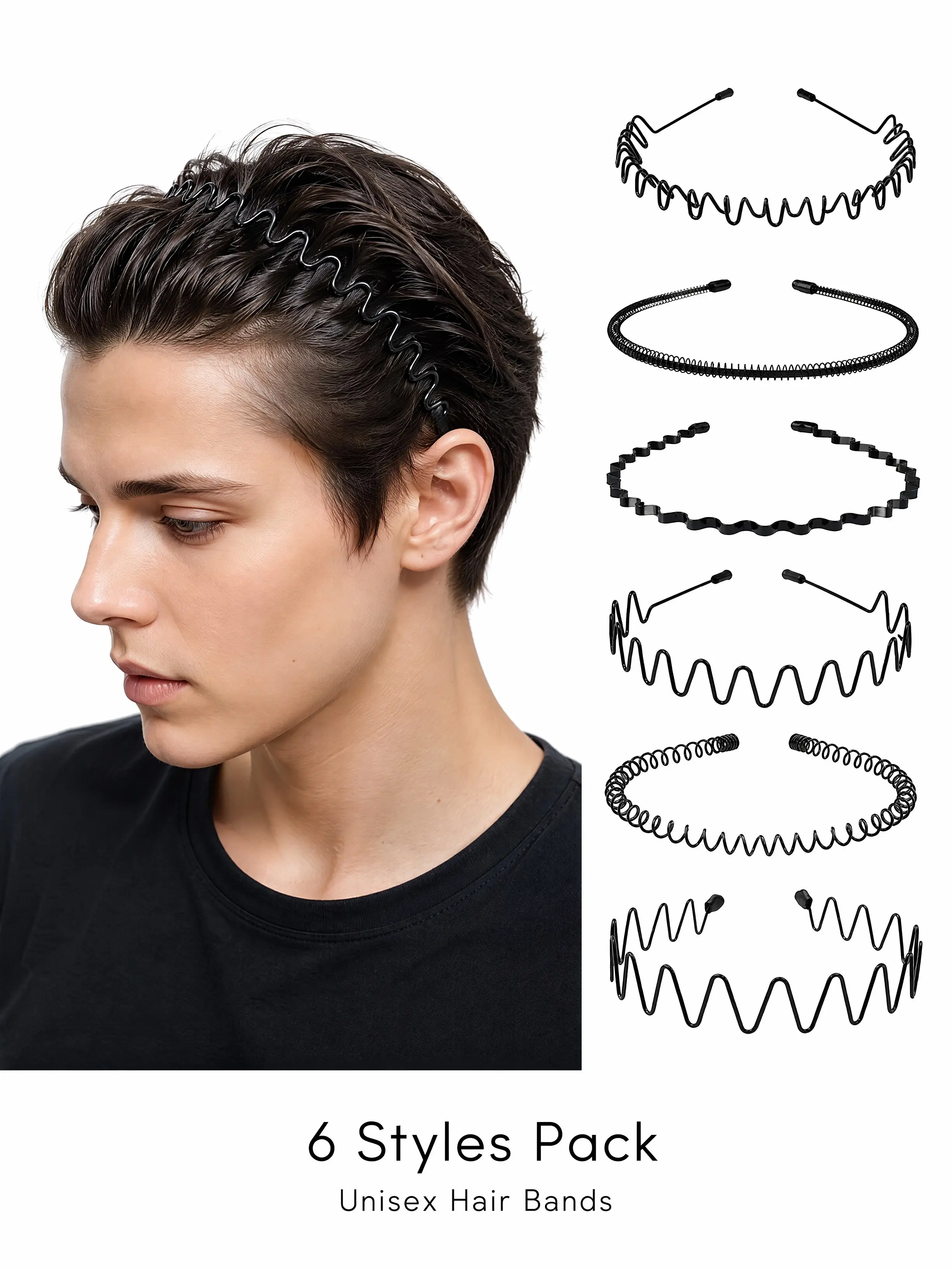 6-Piece Unisex Metal Wave Hairbands, Non-Slip Flexible Headbands, Ideal for Sports, Face Washing, Fringe Control, Daily Styling, Training Headband