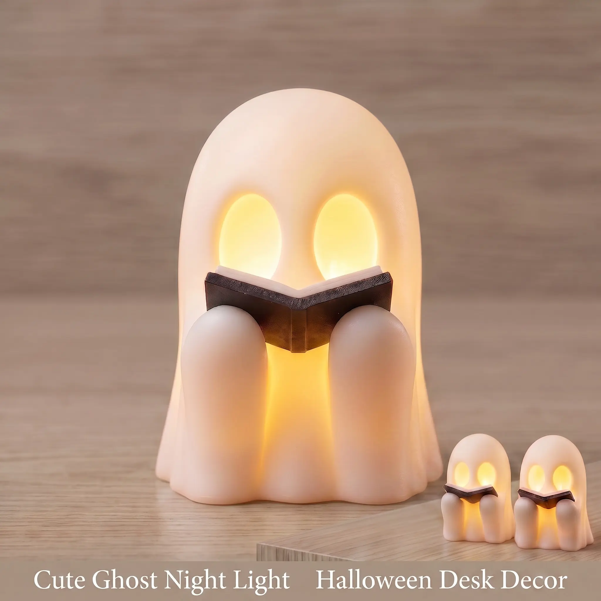 Reading Ghost Figurine with Light Up Book, 3D Printed Cute Spooky Desk Decor, Dark Academia Bookshelf Ghost, Gothic Book Lover Gift-YY0