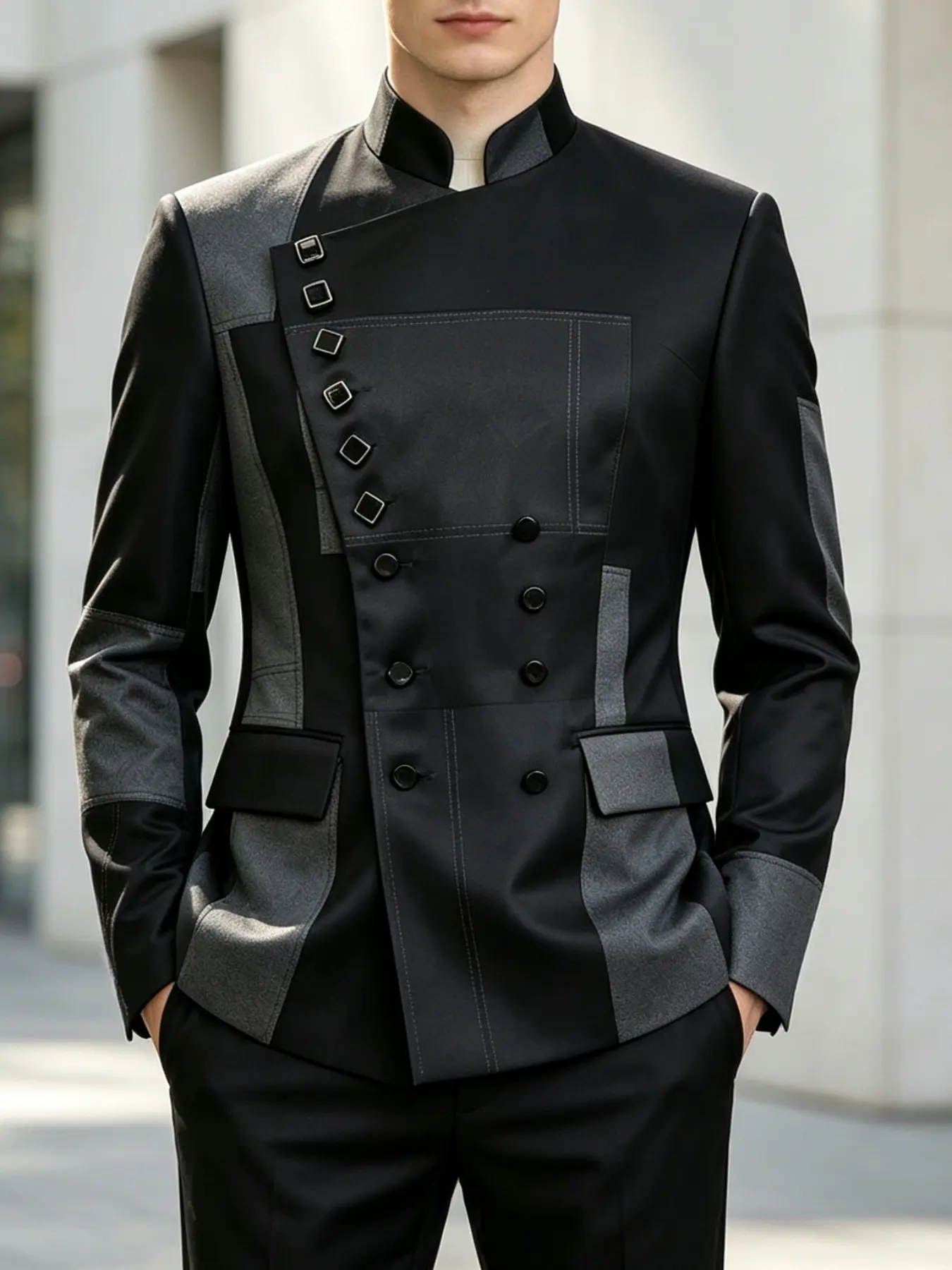 Ainwear Men's Stand Collar Asymmetric Patchwork Blazer Jacket, Vintage Color Block Double Breasted Formal Suit, Party Wedding Designer Coat
