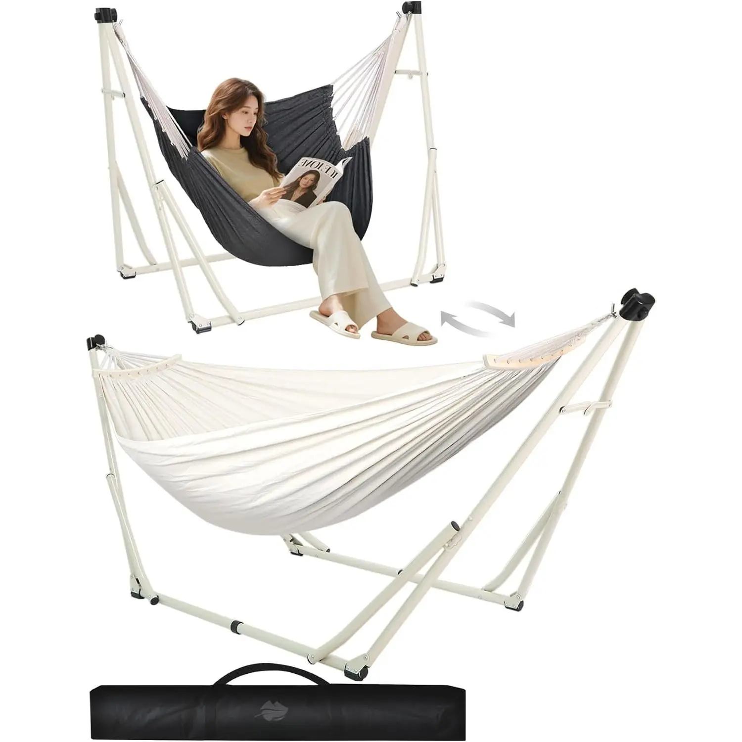 2-in-1 Hammock & Chair Stand with Collapsible Steel Frame & Carry Bag | Tool-free Set up Multi-angle & Height Adjustable Holds 440lbs Heavy-duty Portable Hammock for Indoor,Outdoor Garden,Patio