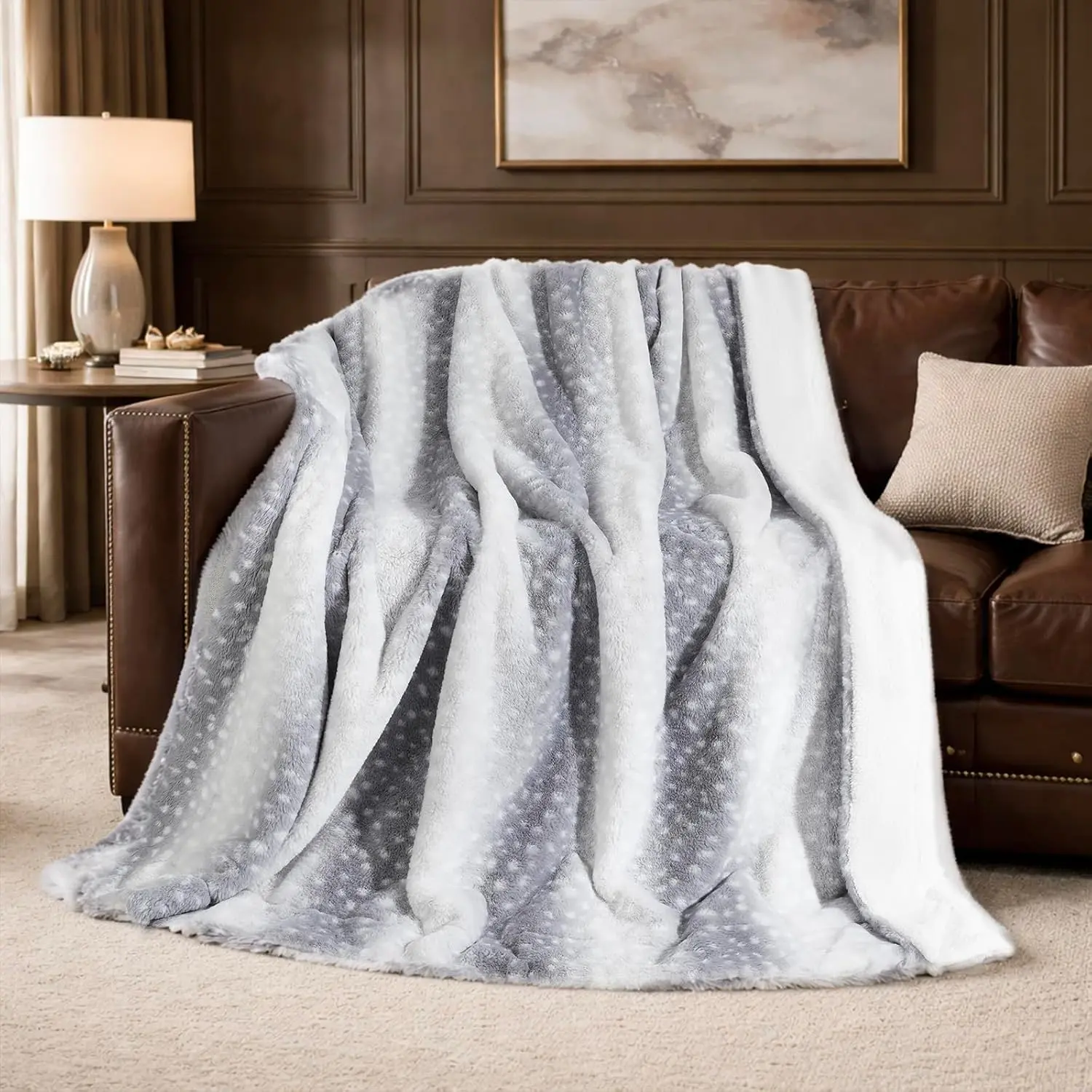 Luxury Striped Faux Sherpa Throw Blanket - Non-Shedding, Double-Sided, Super Soft, Thick, Warm, Modern Nature-Inspired Decor for Couch Bed Sofa (Grey, 50x60 In)