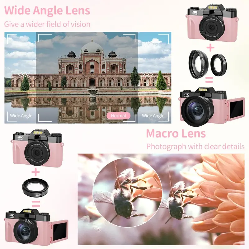 Product Introduction of GLOBAL PICK 4K Digital Camera with 180° Flip Screen, 16X Digital Zoom Vlogging Camera, Autofocus Camera, Including Wide Angle & Macro Lens, 32GB TF Card, Ideal Gift Choice, Photographic Kit 154