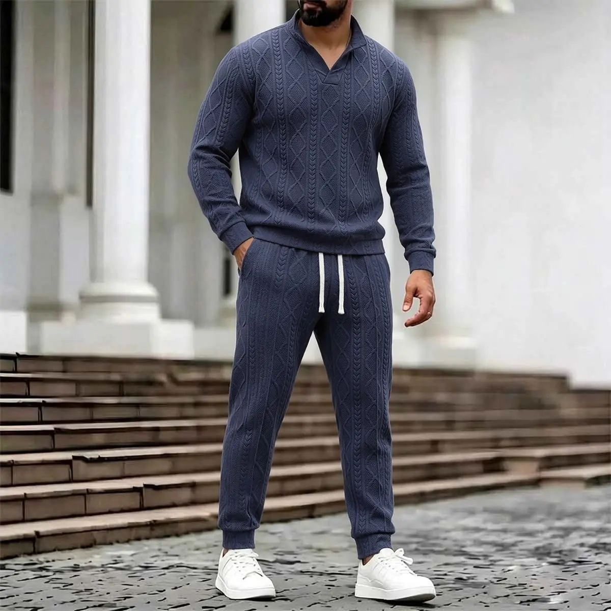 Vintage Smart Casual Men Solid Twisted Knit Two Piece Tracksuit Non Binding Comfort Stand Collar Cut Ultra Soft Warm Air Permeable Fabric Suitable For Friend Gatherings Short Travels Leisure Activities