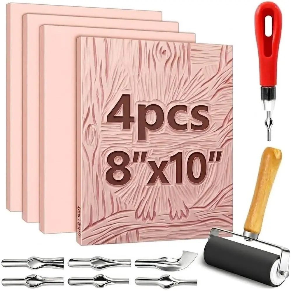 4 Pack Pink Rubber Stamp Carving Blocks 8"x10" 0.6cm Thick with Tools Kit Soft Rubber Linoleum Block for Craft Project DIY Stamp Making Supplies for Artists Beginners