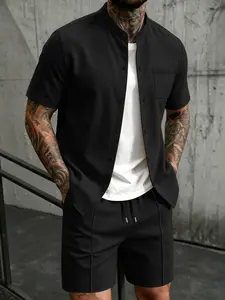 2026 Summer New Men's Chinese Stand Collar Waffle Open Shirt, Loose Fit Casual Shorts Set, Two-Piece, Comfortable and Stylish