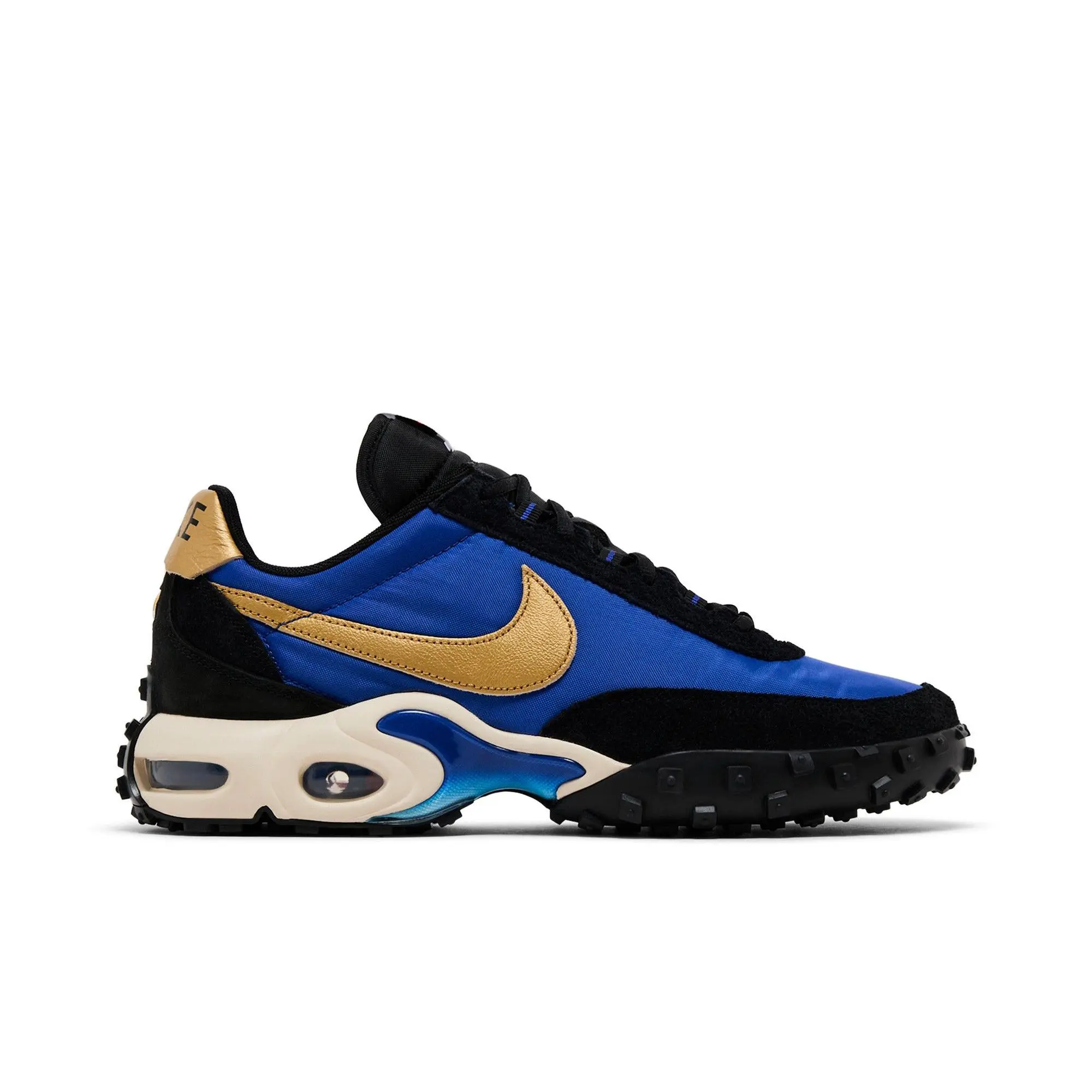 NIKE Unisex Air Max Waffle Racer SP 'Hyper Blue Metallic Gold' Lace-Up Running Shoes, Multi-Size All-Season Footwear with Rubber-EVA-Leather Cushioning & Mesh Upper, Style Code FV6946-400