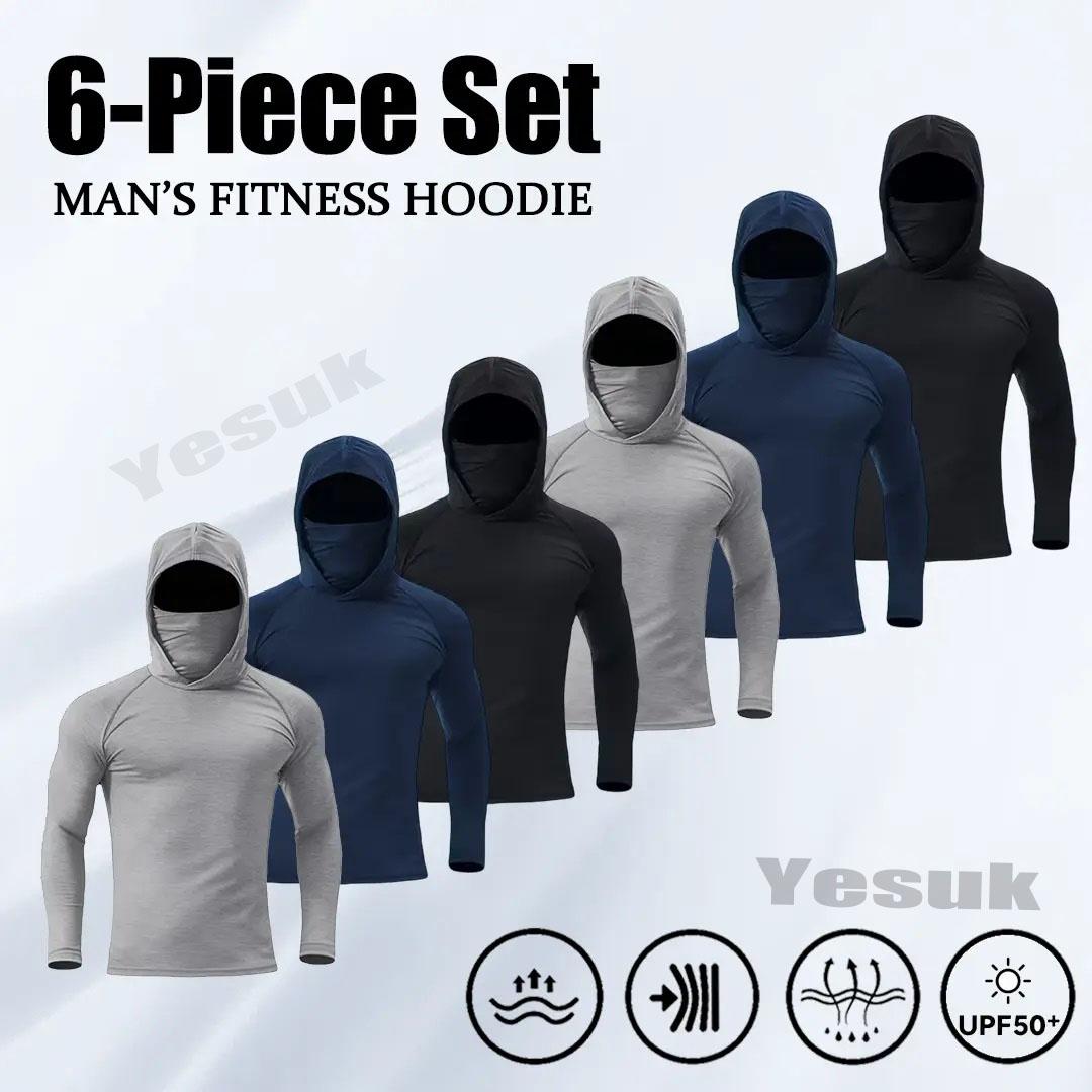   Yesuk 6-Piece Men's Casual Hoodie Pullovers Fishing and Construction Shirts - Hooded UPF 50 Long Sleeve with Gaiter - Lightweight, Breathable, Moisture-Wicking, Premium Outdoor Wear for Men