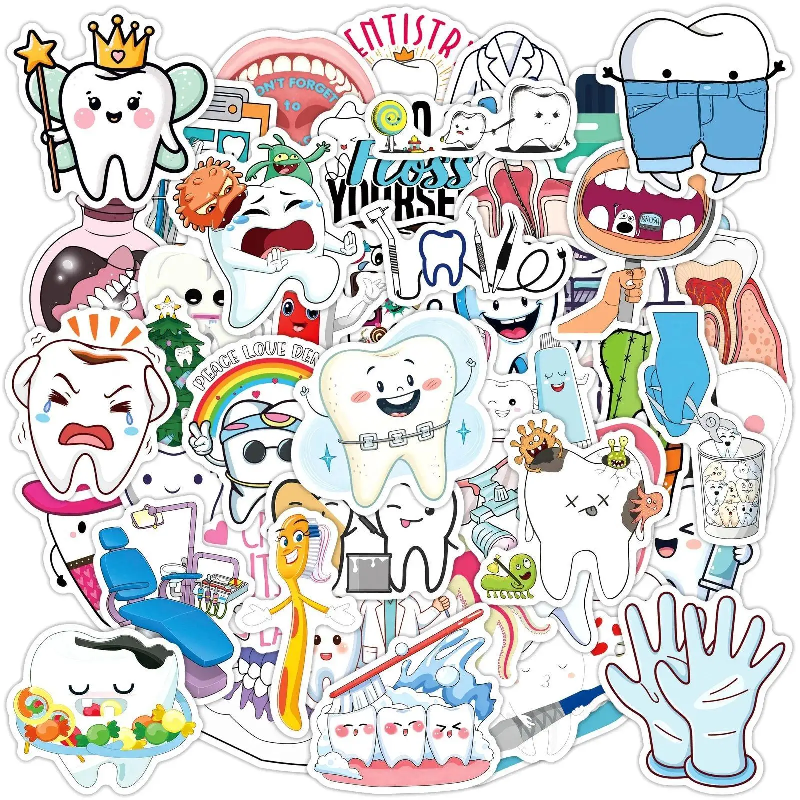 50pcs Cute Dentist Protect Tooth Stickers Funny Toothbrush Teeth Care Decals DIY Luggage Skateboard Laptop Cartoon Sticker