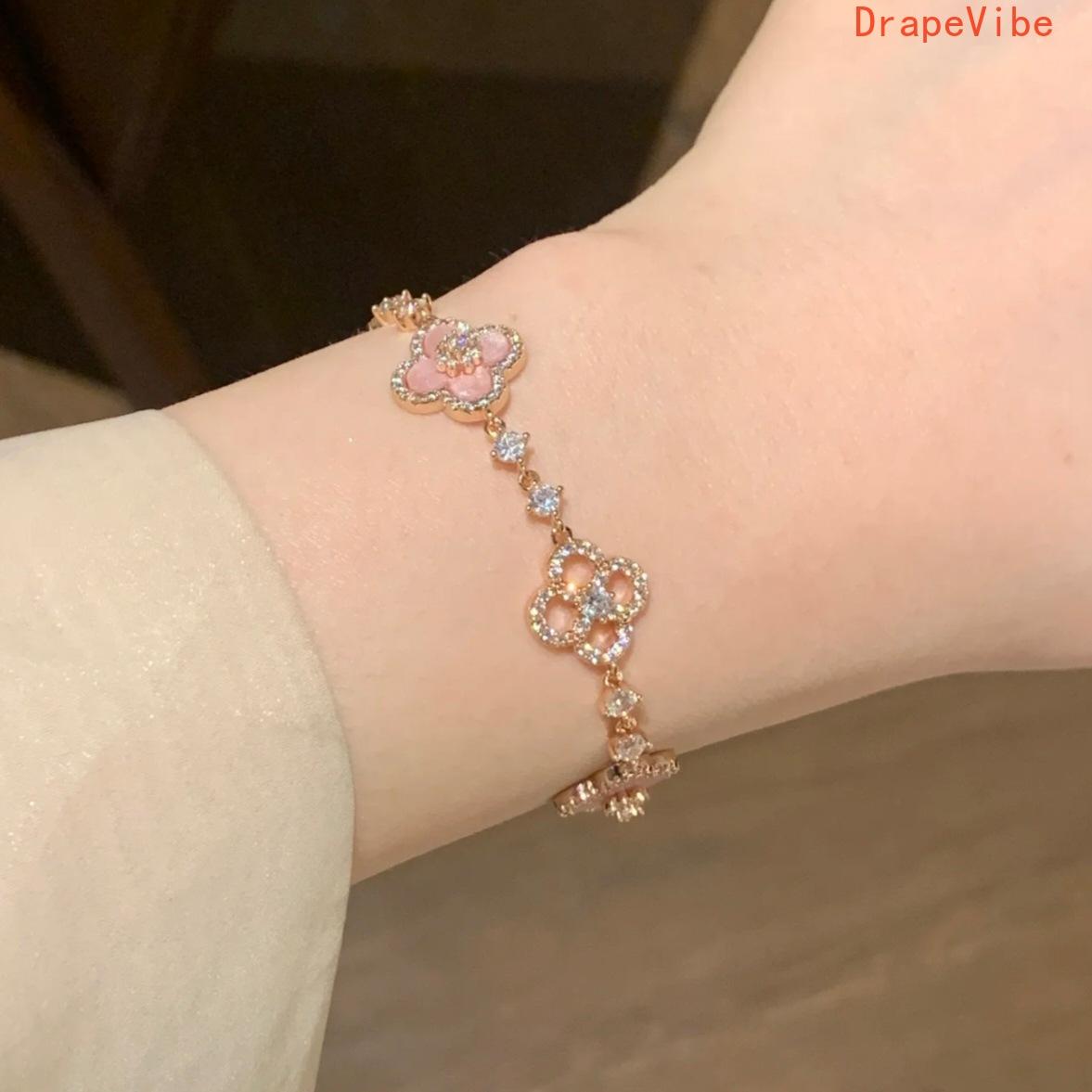 Pavé Zircon Clover Bracelet Rose Gold Tone Sweet Princess Style Light Luxury Daily Wear Jewelry For Women