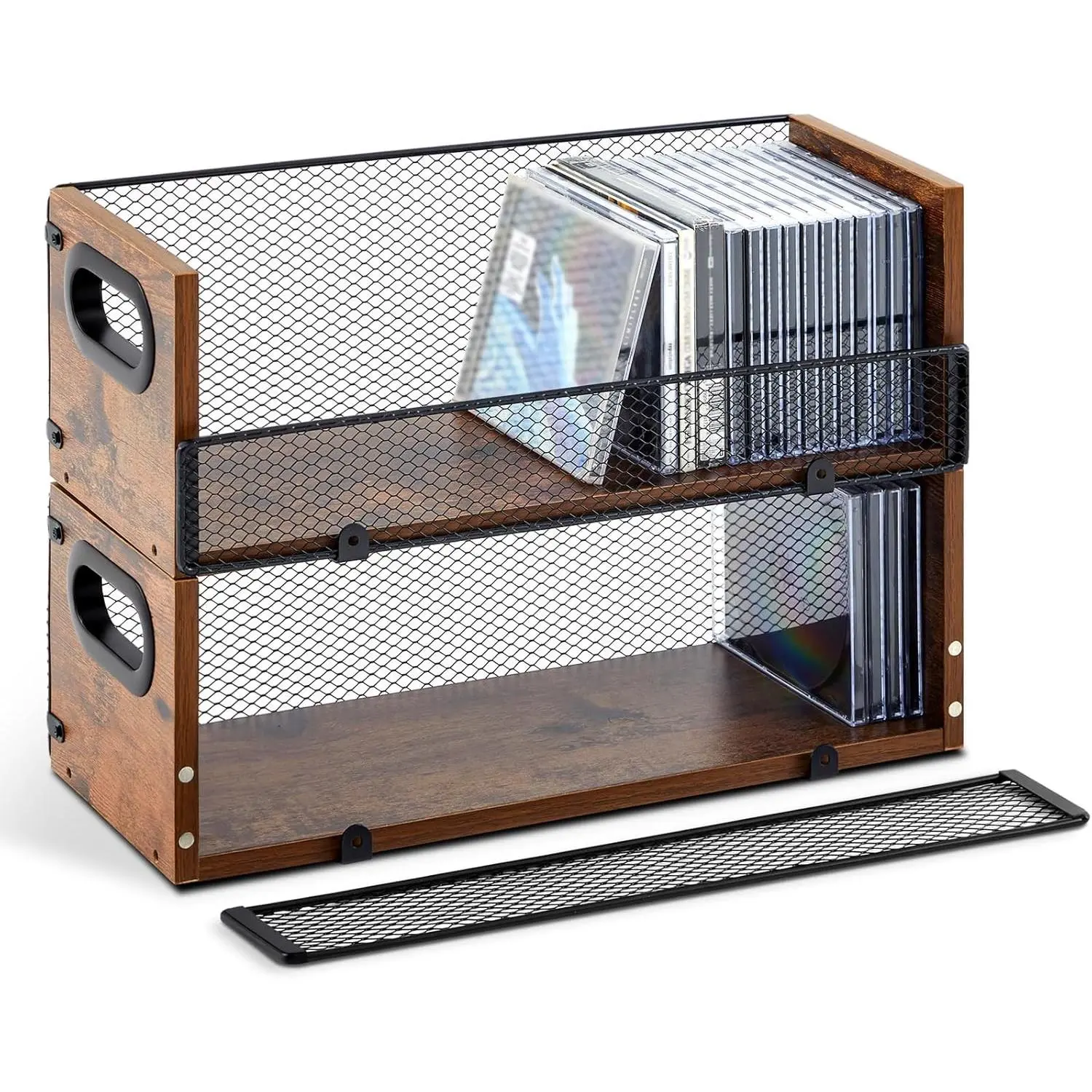 2 Pcs Wooden Cd Storage Box Holder Racks Retro Cassette Tape Display Stand with Carrying Handles, Organizer Shelf for Movie Cases, Dvds, Cd Organizer Can Store up to 36 Pcs