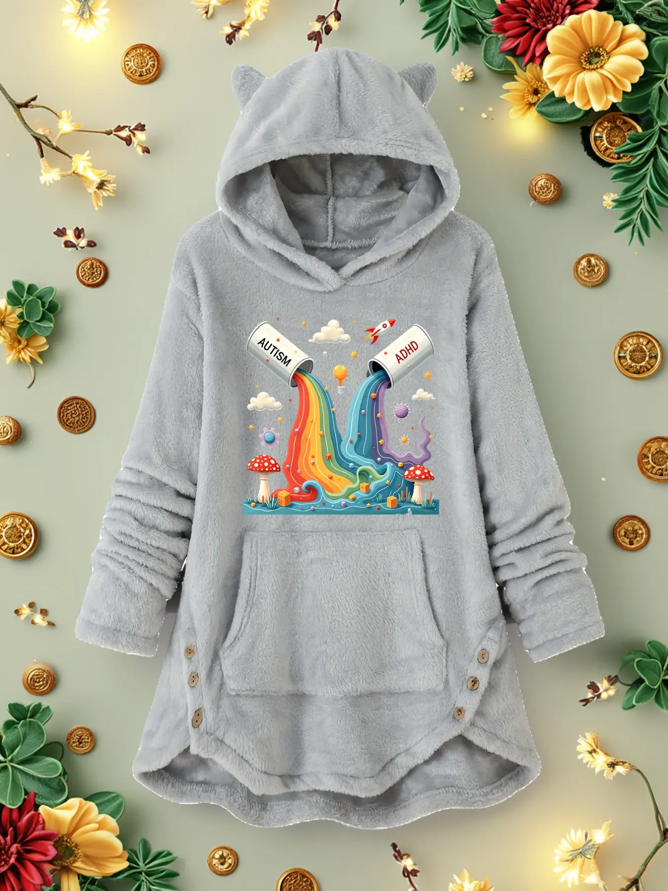 Y2K Cartoon Print Cat Ear Hooded Robe, Soft Thick Plush Home Jacket, Autumn Winter Fashion Loose Fit Apparel, All Seasons Comfortable Outerwear