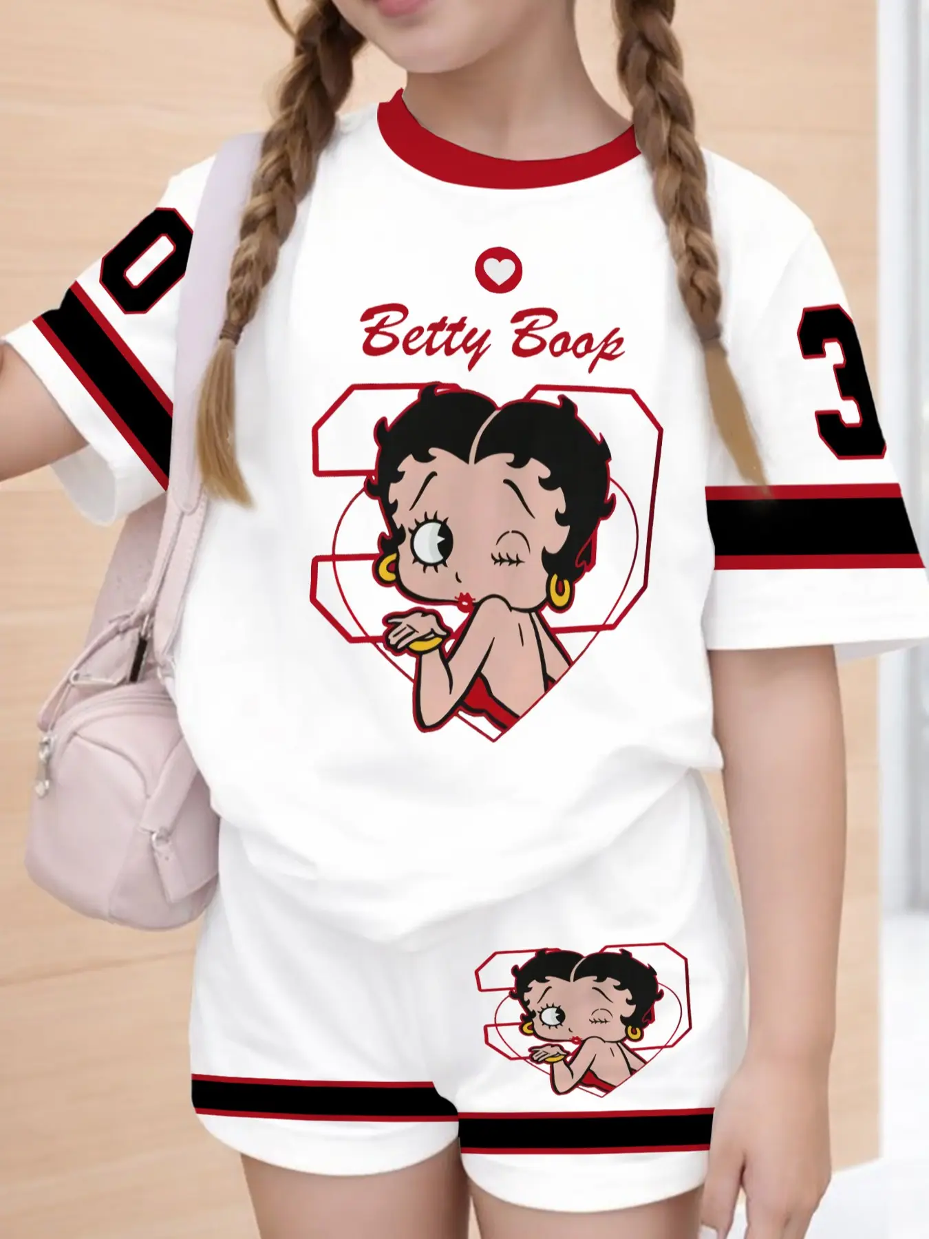 American Retro Betty Boop Girls' Two-Piece Set, Cartoon Colorblock Print, Summer Loose-Fit Short Sleeve Shorts, Casual Home, Multiple Colors Available
