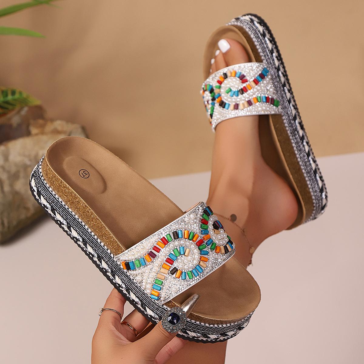 Women's Platform Sandals Summer Beach Slides with Pearl Embellished Cork Wedge Soft Sole Slippers Large Size Comfort Outdoor Shoes Ethnic Style Fashion Footwear for Women Women's Platform Sandals Summer Beach Slides with Pearl Embellished Cork Wedge Soft Sole Slippers Large Size Comfort Outdoor Shoes Ethnic Style Fashion Footwear for Women