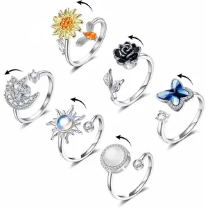 Fidget Rings for Women Spinner Ring for Anxiety Adjustable CZ Sunflower Butterfly Rose Star Moon Stress Relief Open Rings Set…fidget toys