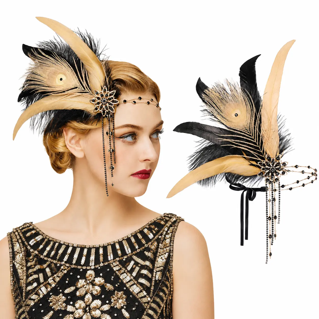 1920s Flapper Feather Headband for Women, Vintage Peacock Feather Headpiece with Rhinestone Tassels, Roaring 20s Costume Accessory for Gatsby Party, Halloween, Masquerade & Prom