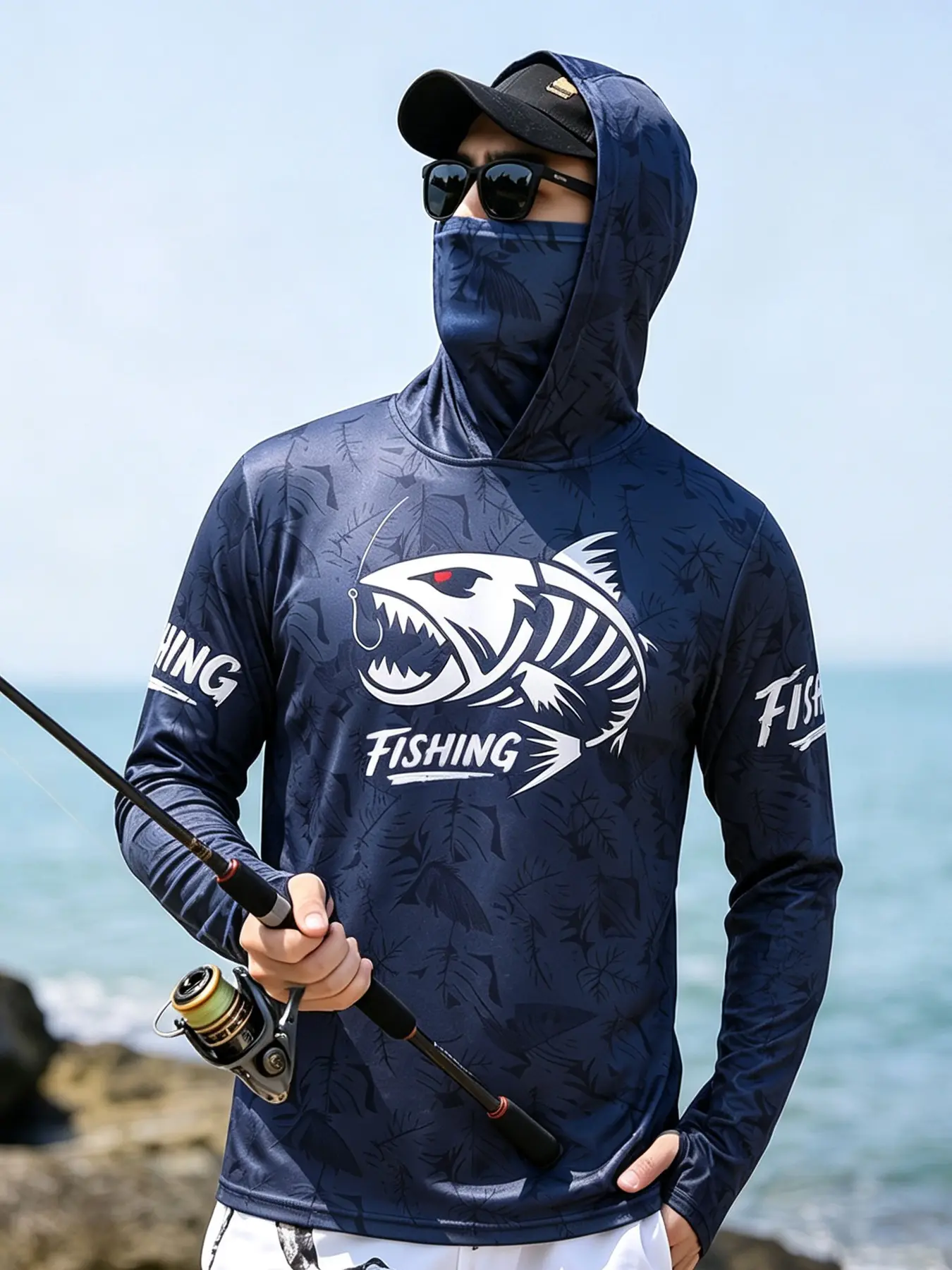 Men Long Sleeve Fishing Shirt,  Sun Protection Hooded T-Shirt with Attached Face Mask & Thumb Hole Cuffs, Wrinkle Wear Resistant Breathable Athletic Top for Fishing, Kayaking, Boating, Hiking & Outdoor Activities