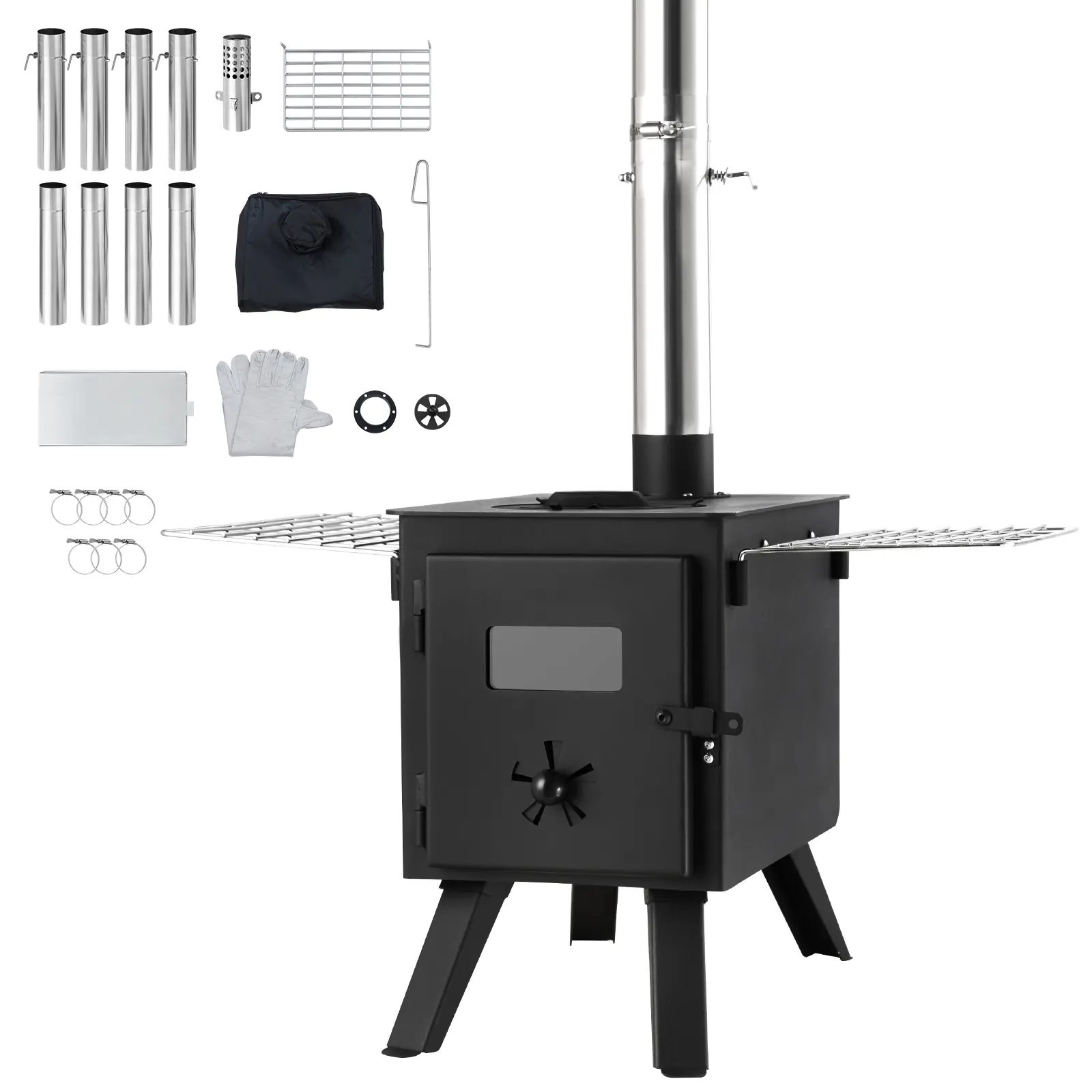 Wood Stove, Alloy Steel Camping Tent Stove, Alloy Steel Construction, For Outdoor Cooking and Heating with 8 Pipes, 3 Security Features