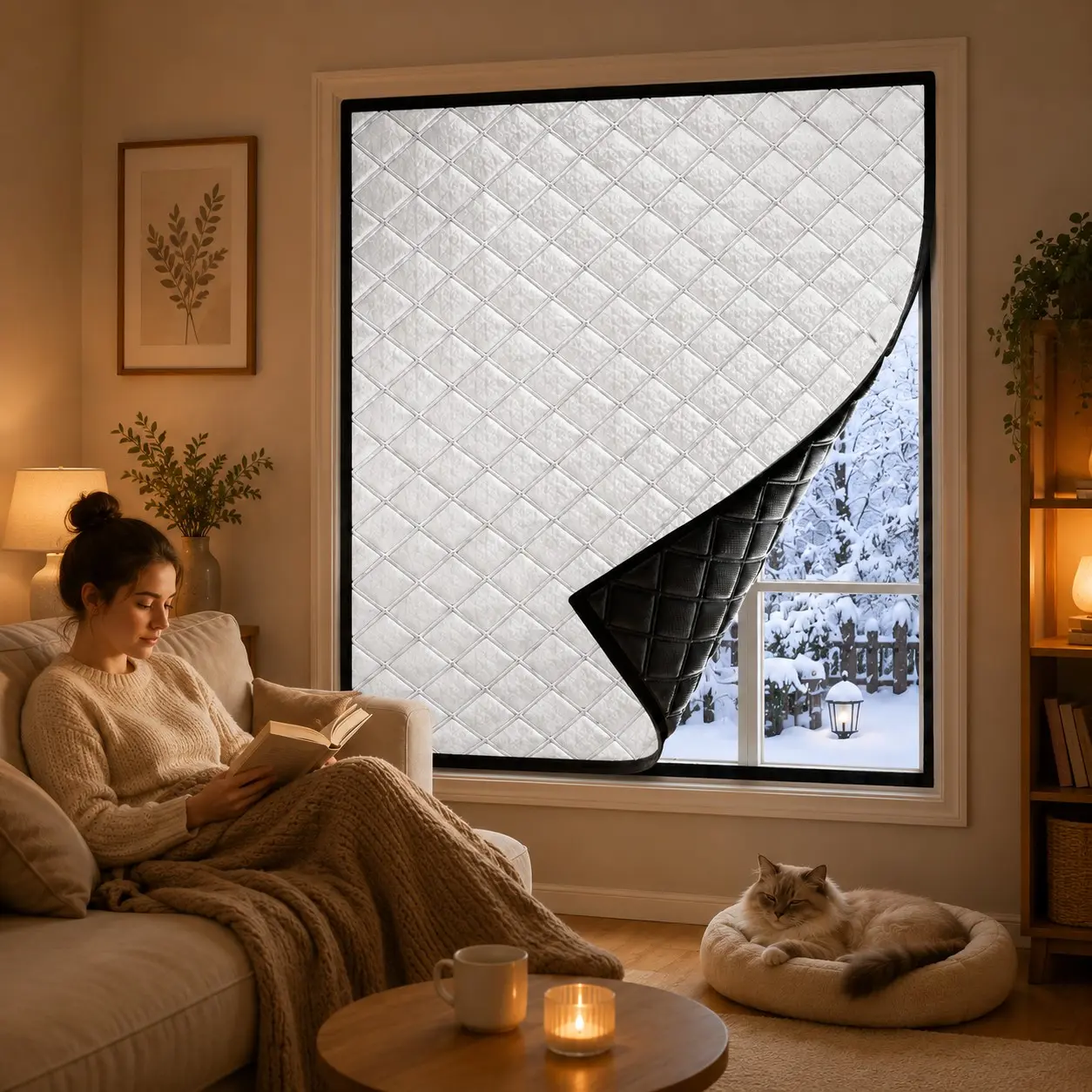 Self-Adhesive Thermal Window Curtain Kit, Silver Quilted Insulated Draft Blocker, Blackout Noise Reducing Winter Window Cover, No Drill Roll-Up Design