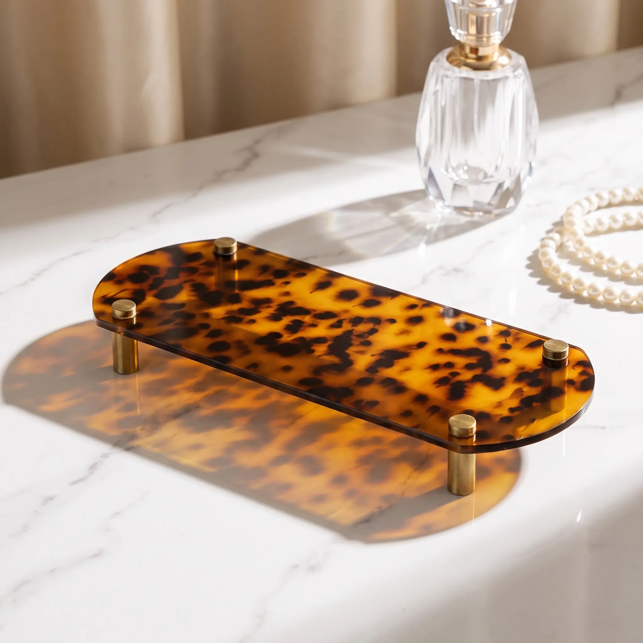 1 Count Elegant French Vintage Acrylic Utility Tray, Leopard Print and Brass-Color Design, Jewelry Organizer Tray, Perfume Display Tray, Decorative Vanity Countertop Storage Plate, Makeup Organizer, Bathroom Decor Supplies, Home Accessory Essential