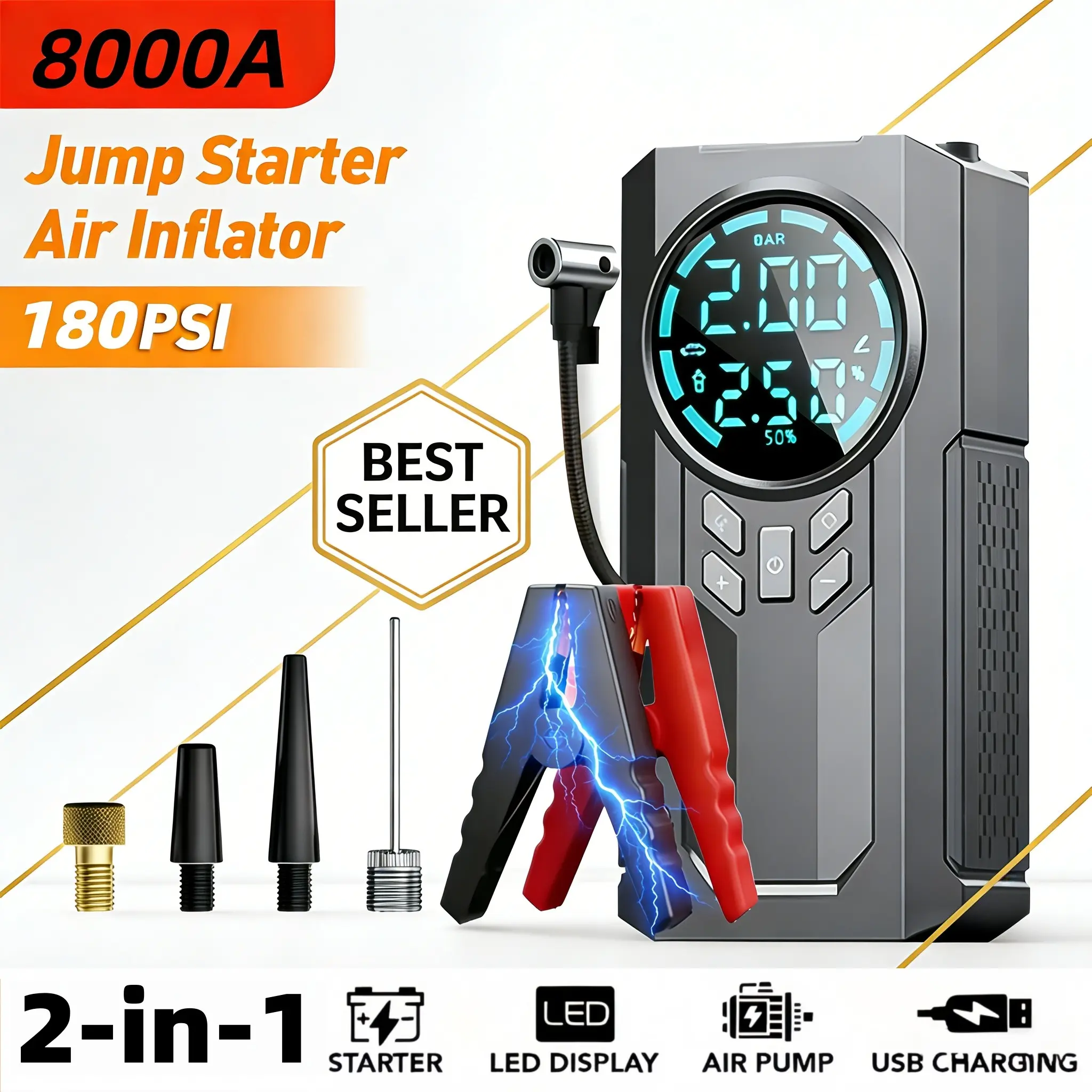 Multi-functional car emergency starter, Automotive tool kit, 2-in-1 repair kit, 180 psi air compressor and 8000A car start power supply, 12V/24V wireless charger, equipped with smart alligator clip and inflation accessories, professional emergency tool