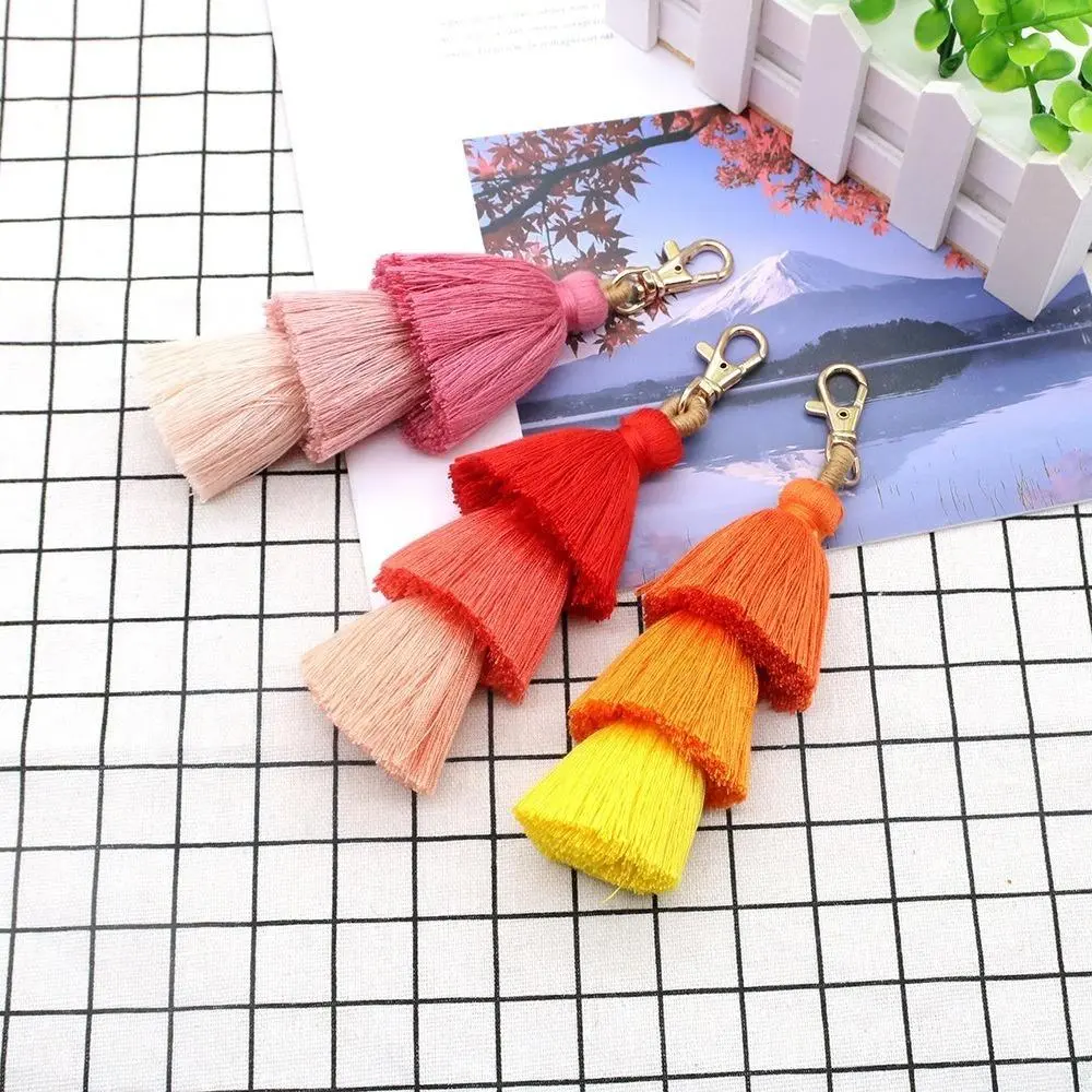 3-Layer Boho Tassel Bag Charm, Ombre Cotton Fringe Keychain, Lightweight Bohemian Accessory for Straw Totes, Beach Vacations & Daily Purses