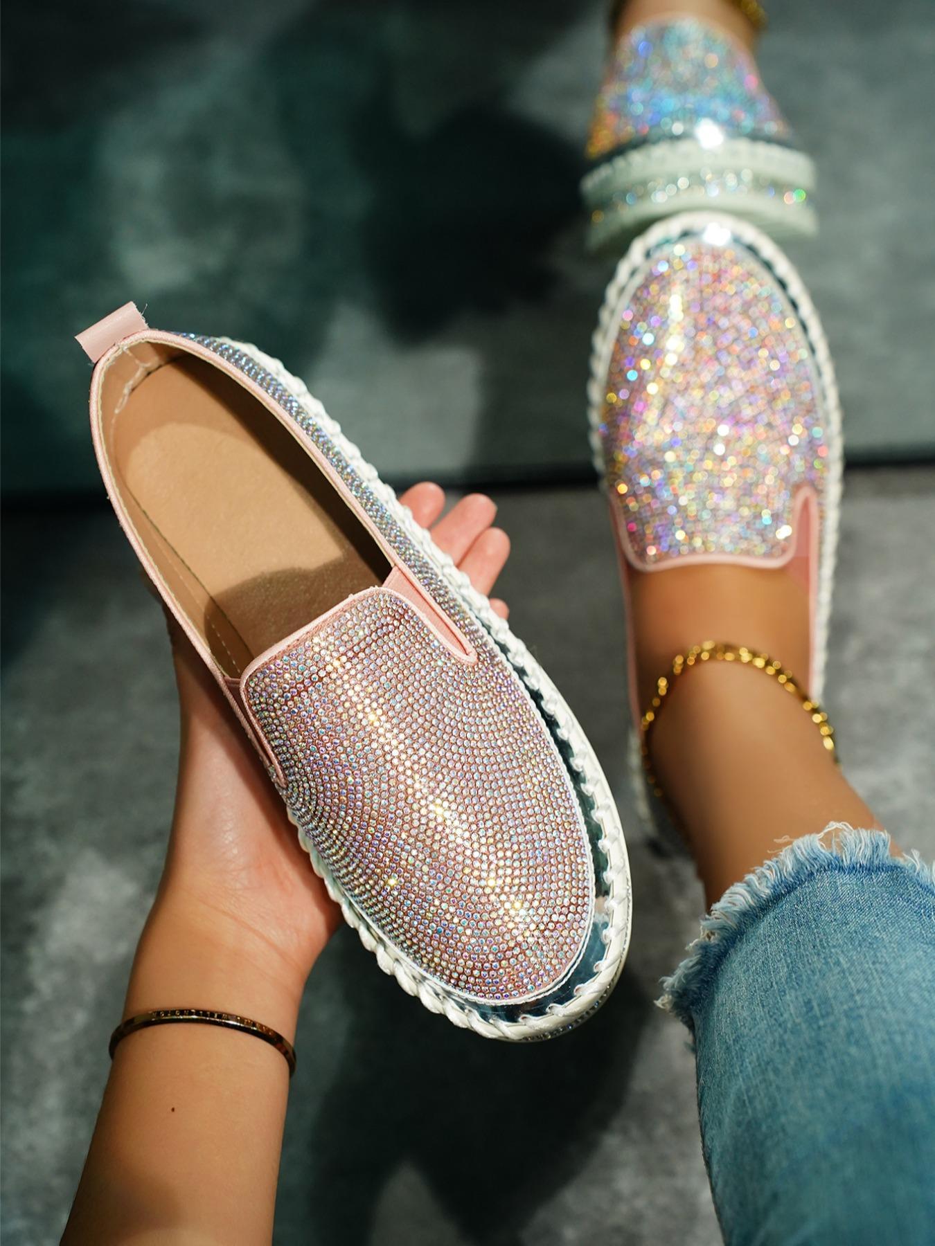 Women's Fashionable Rhinestone Decorated Slip on Flats,  Women Shoes, Lightweight Breathable Comfortable Flat Shoes, Casual Versatile Shoes for Daily Wear, Walking Shoes for Girl Footwear, Flat Shoes for Women