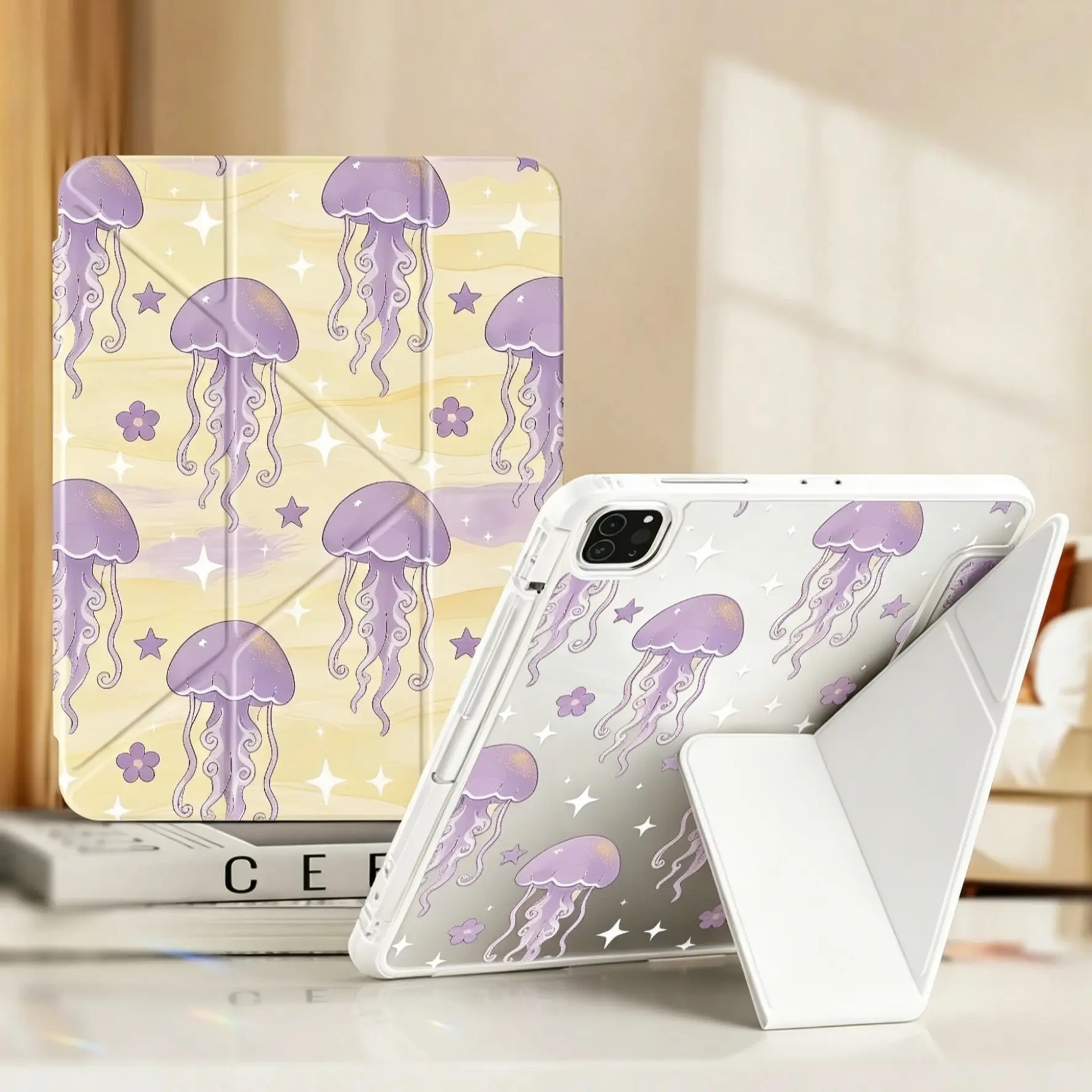 1Pcs Cream Gradient Base Cartoon Purple Jellyfish Star Small Flower Full Printed Y-fold Hard Acrylic Case, Adjustable Kickstand, Snap Closure, Pencil Slot, Auto Sleep Wake for iPad5, iPad6, iPad7, iPad8, iPad9, iPad10, iPad11, Air2, Air3, Air4, Air5, Air6