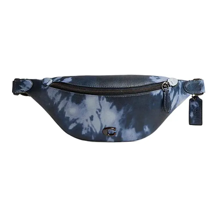 COACH Charter 34 Tie-Dye Print Zippered Leather Waist Bag for Men, Large Size, Midnight Blue and Navy Blue