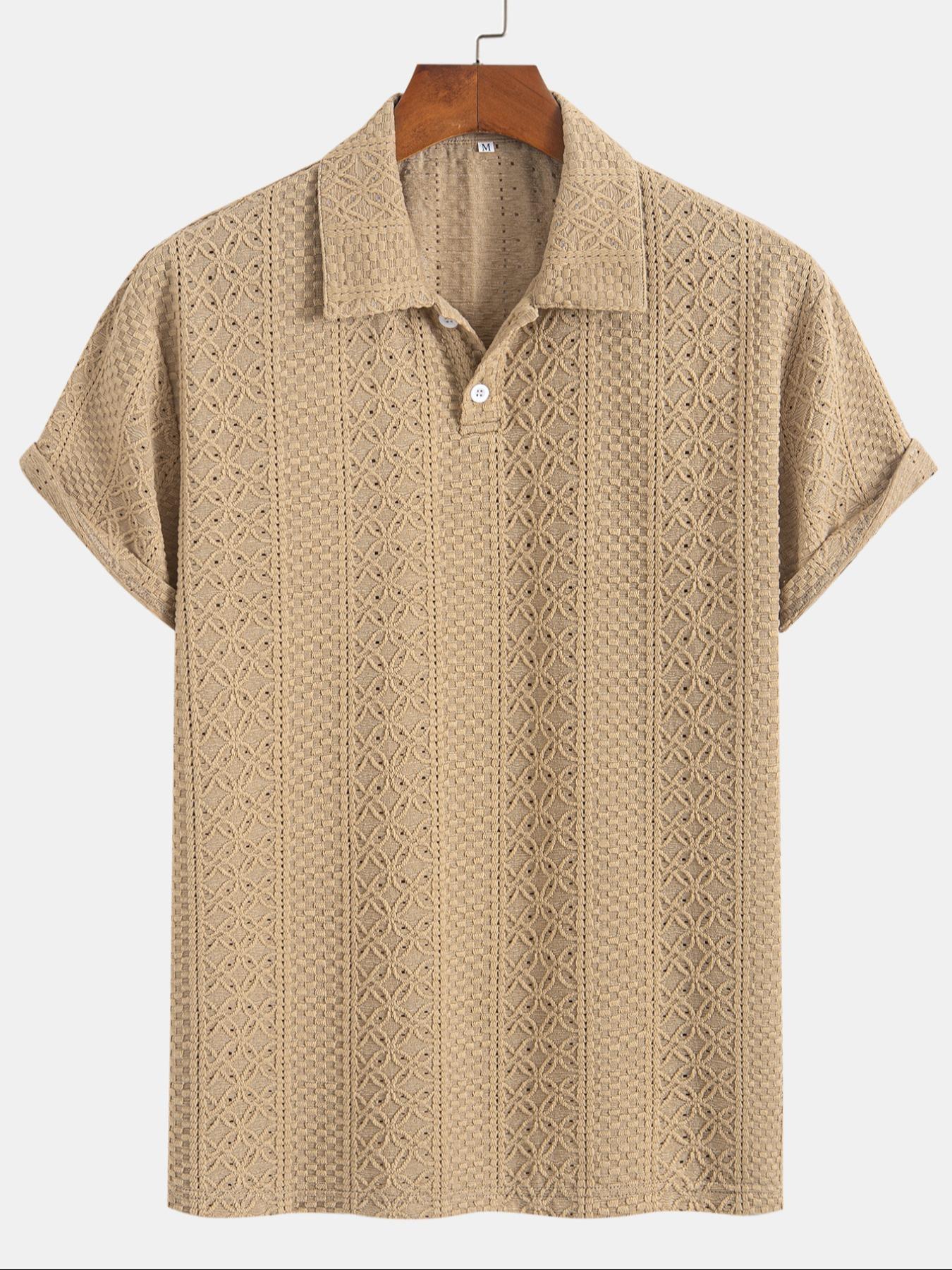 Men's Solid Jacquard Button Polo Shirt, Regular Fit Casual Short Sleeve Polo Top for Summer, Fashion Men's Clothes for Daily Wear