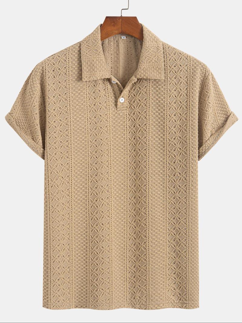 Men's Solid Jacquard Button Polo Shirt, Regular Fit Casual Short Sleeve Polo Top for Summer, Fashion Men's Clothes for Daily Wear