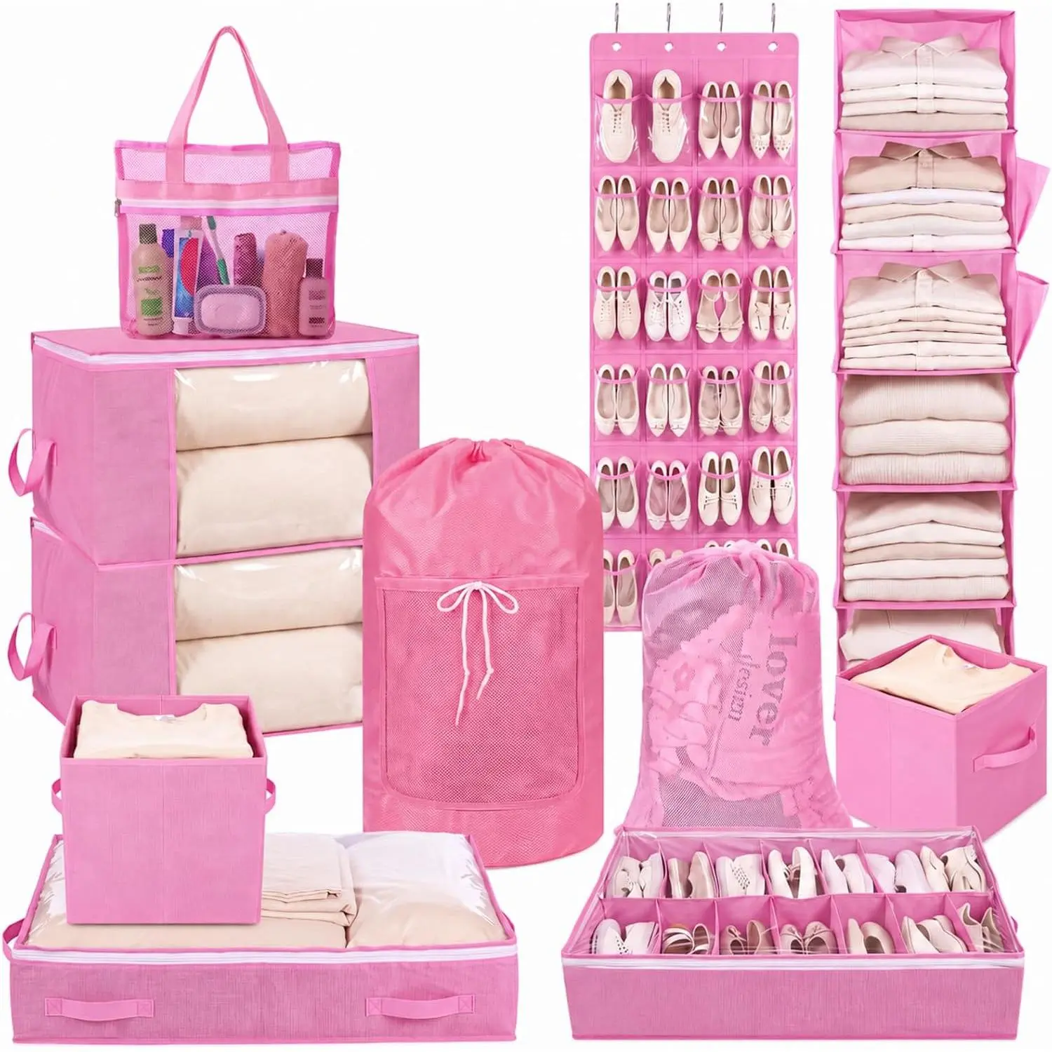 11 count College Dorm Storage Set, Dorm Organizer Kit with Closet Organizer, Over Door Shoe Rack, Under Bed Storage Bags, Laundry Backpack, Shower , Collapsible Bins()