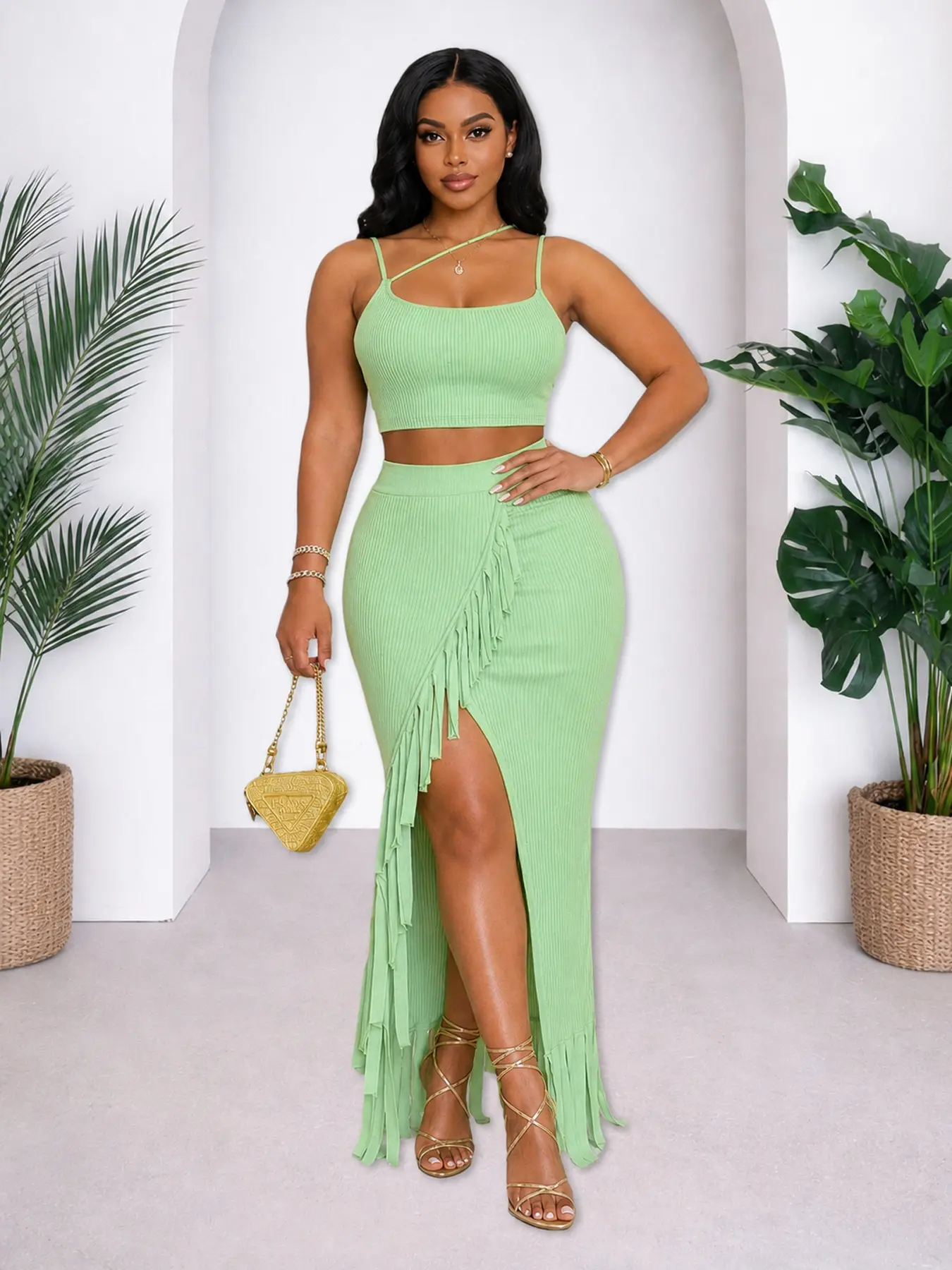 Women's Summer Boho Bohemian Chic Vacation Fringe 2 Piece Set, Crop Cami Top & High Waist Slit Maxi Skirt, Summer Vacation Resort Outfit for Women, Tropical Outfit, Womenswear