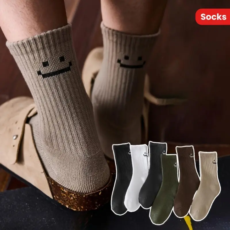 Men's Thick Warm Crew Socks, 6 Pairs Mix Color Cartoon Smiley Face Print, Knit Polyester Blend for Fall Winter