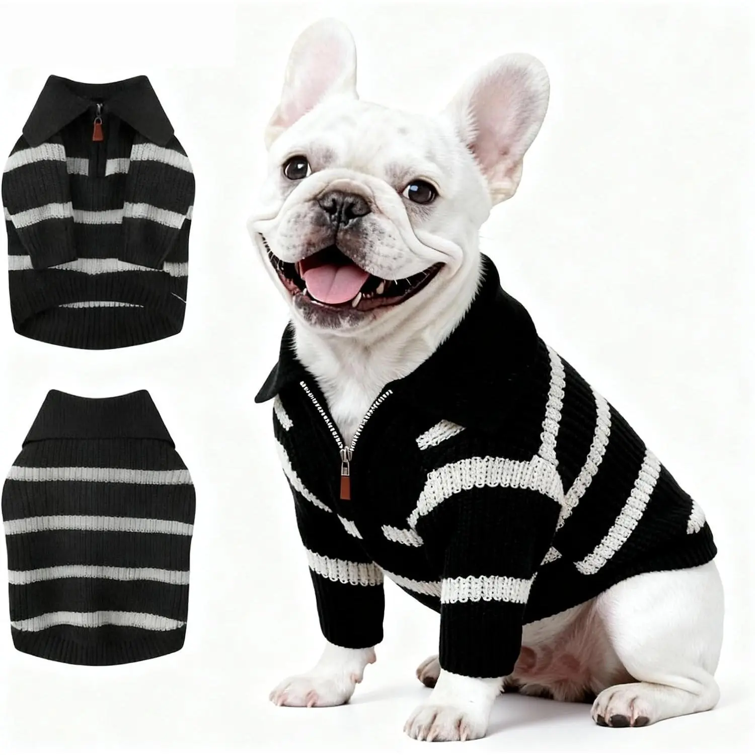 Small Dog Sweater with Zipper, Knitted Striped Pullover Dog Clothes for Cold Weather, Thick Warm Cozy Stretchy Sweater for Chihuahua, Bulldog, Dachshund, Pug(Black & White Strip, L)